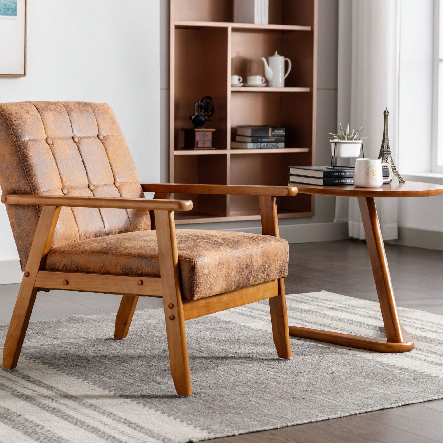 Leisure Chair With Solid Wood Armrest And Feet, Mid-Century Modern Accent Chair, For Living Room Bedroom Studio Chair