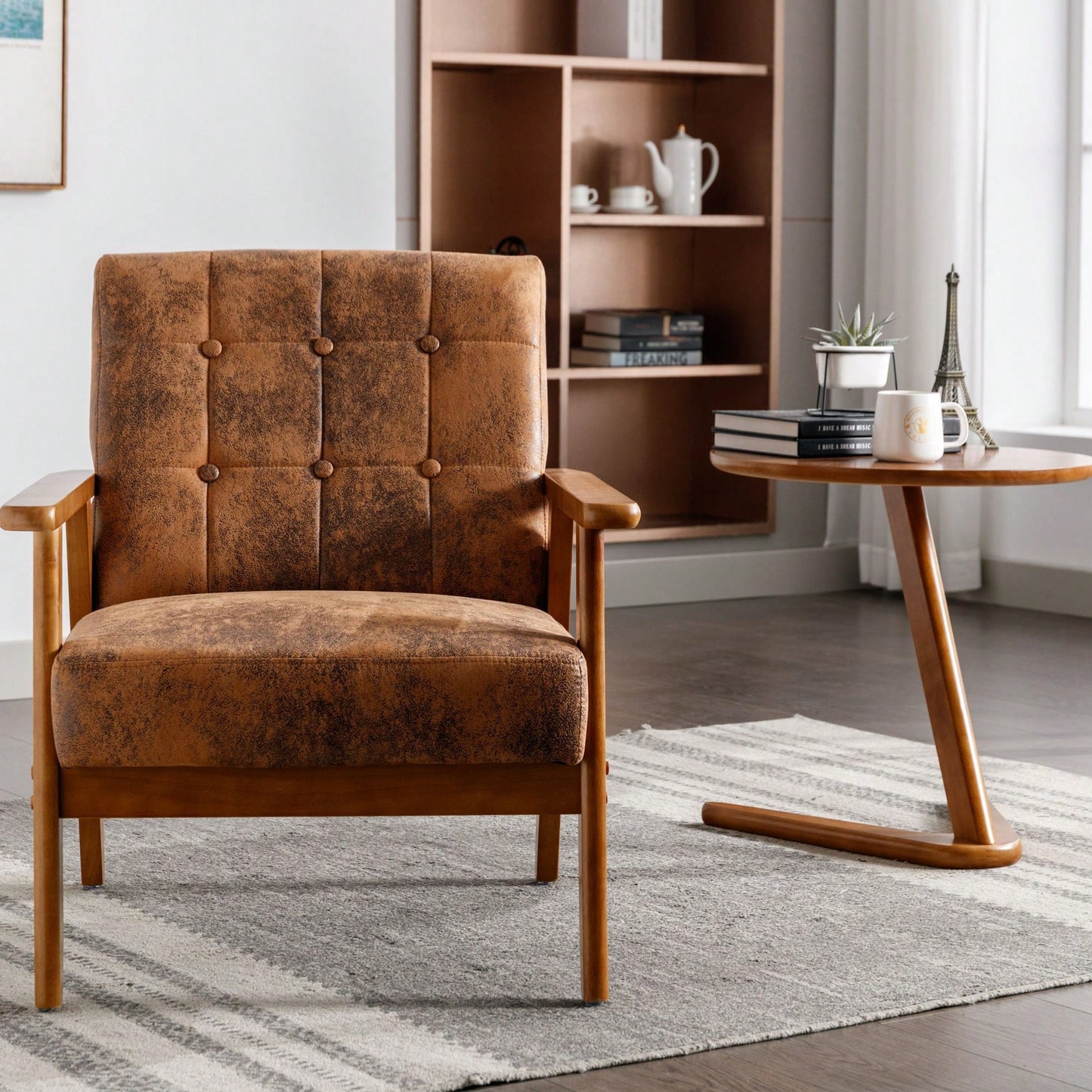 Leisure Chair With Solid Wood Armrest And Feet, Mid-Century Modern Accent Chair, For Living Room Bedroom Studio Chair
