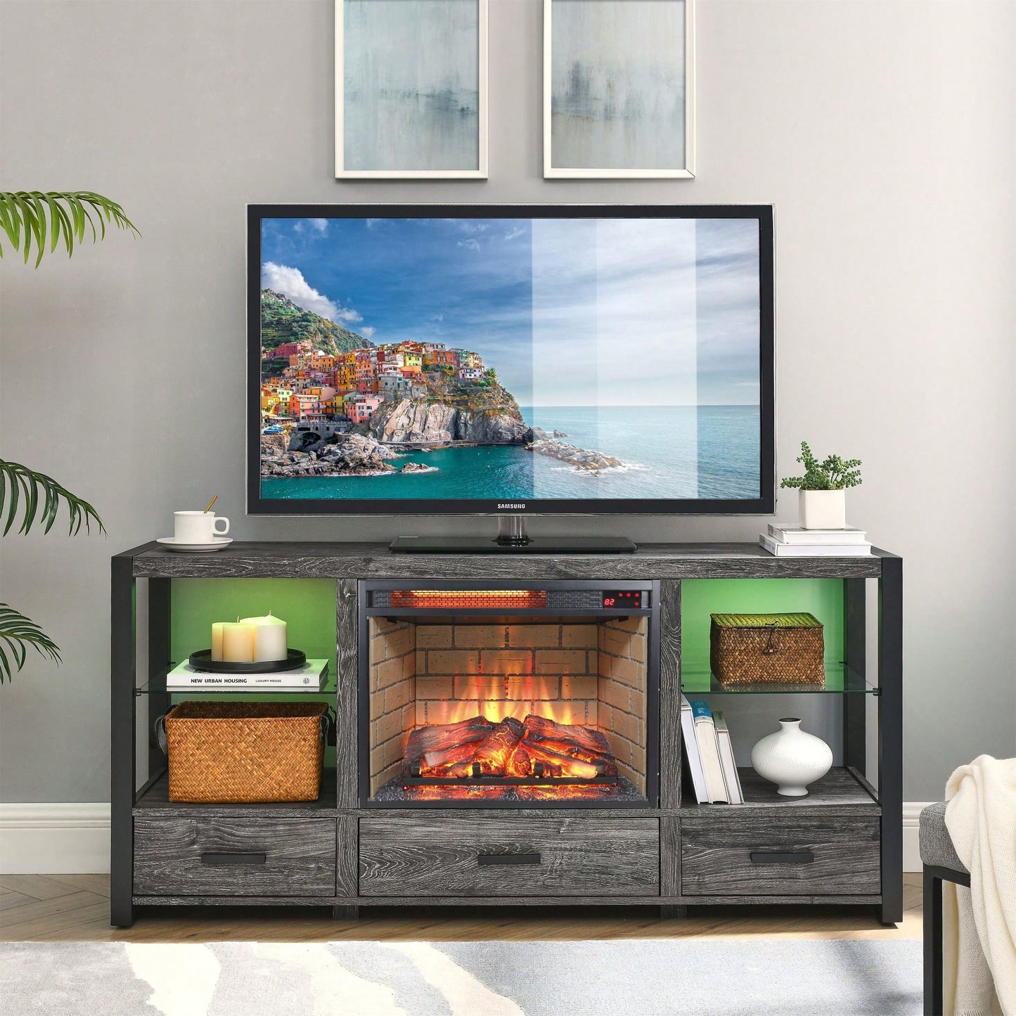 23" Infrared Quartz Heater Fireplace Insert -Woodlog Version With Brick