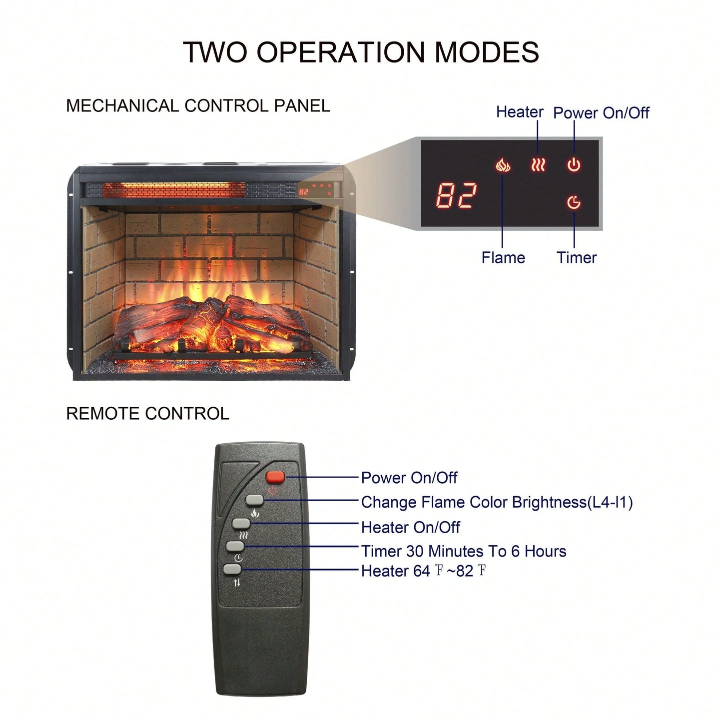 23" Infrared Quartz Heater Fireplace Insert -Woodlog Version With Brick