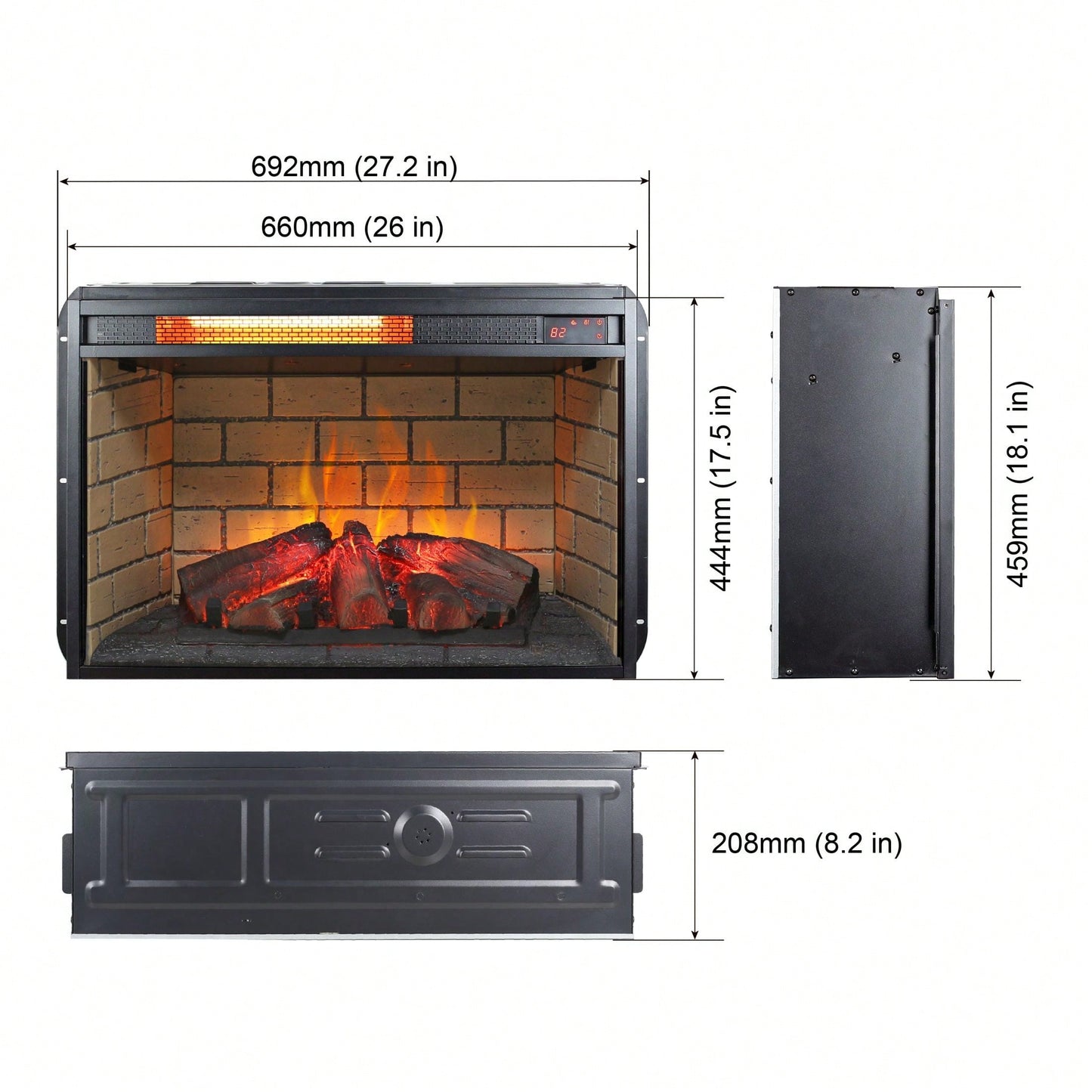 26" Infrared Quartz Heater Fireplace Insert -Woodlog Version With Brick