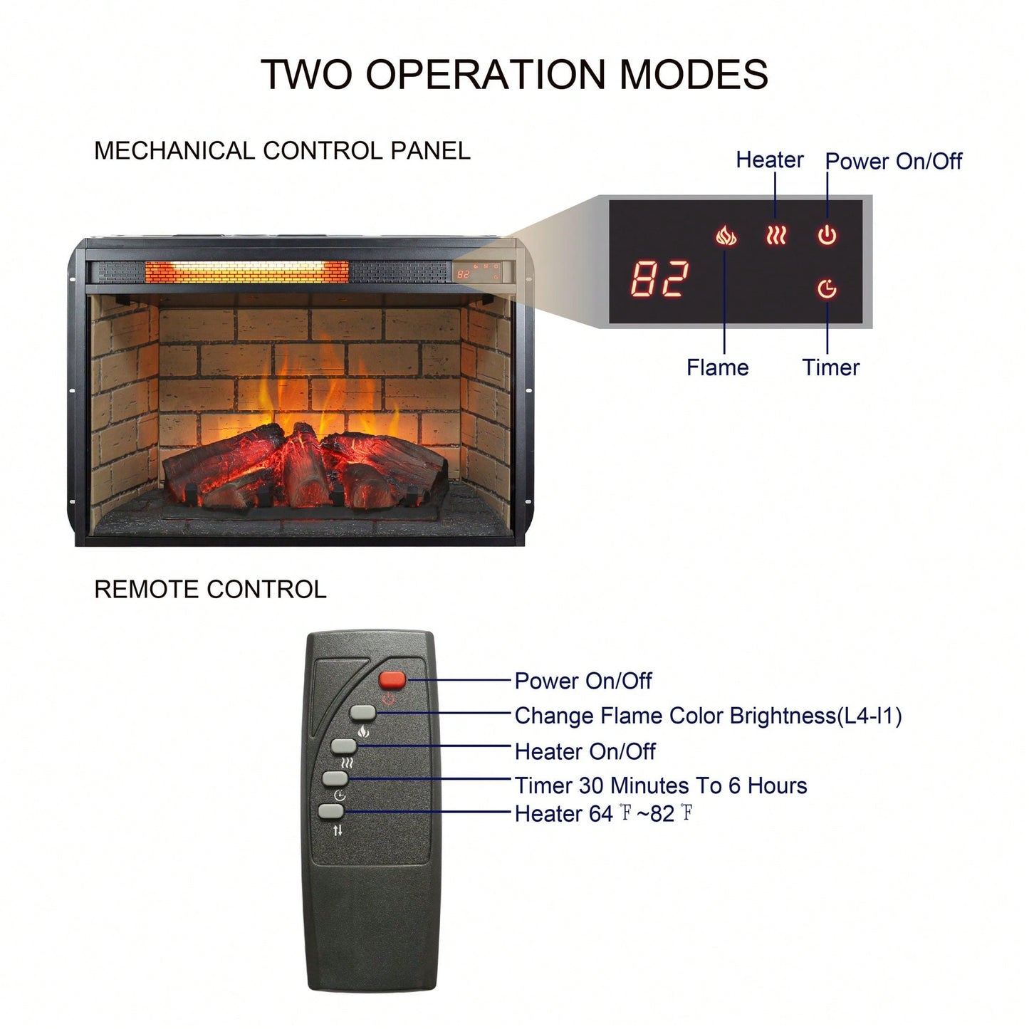 26" Infrared Quartz Heater Fireplace Insert -Woodlog Version With Brick