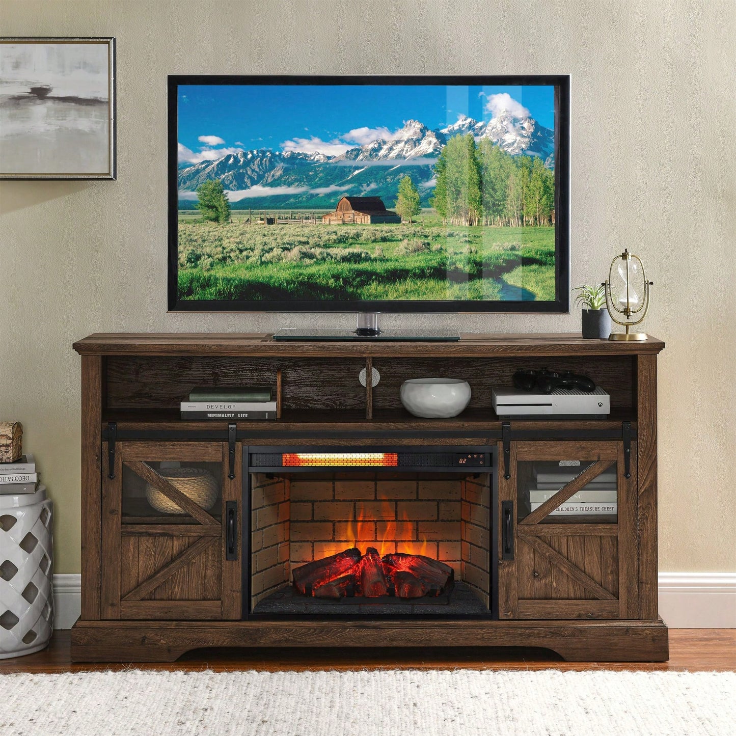 26" Infrared Quartz Heater Fireplace Insert -Woodlog Version With Brick