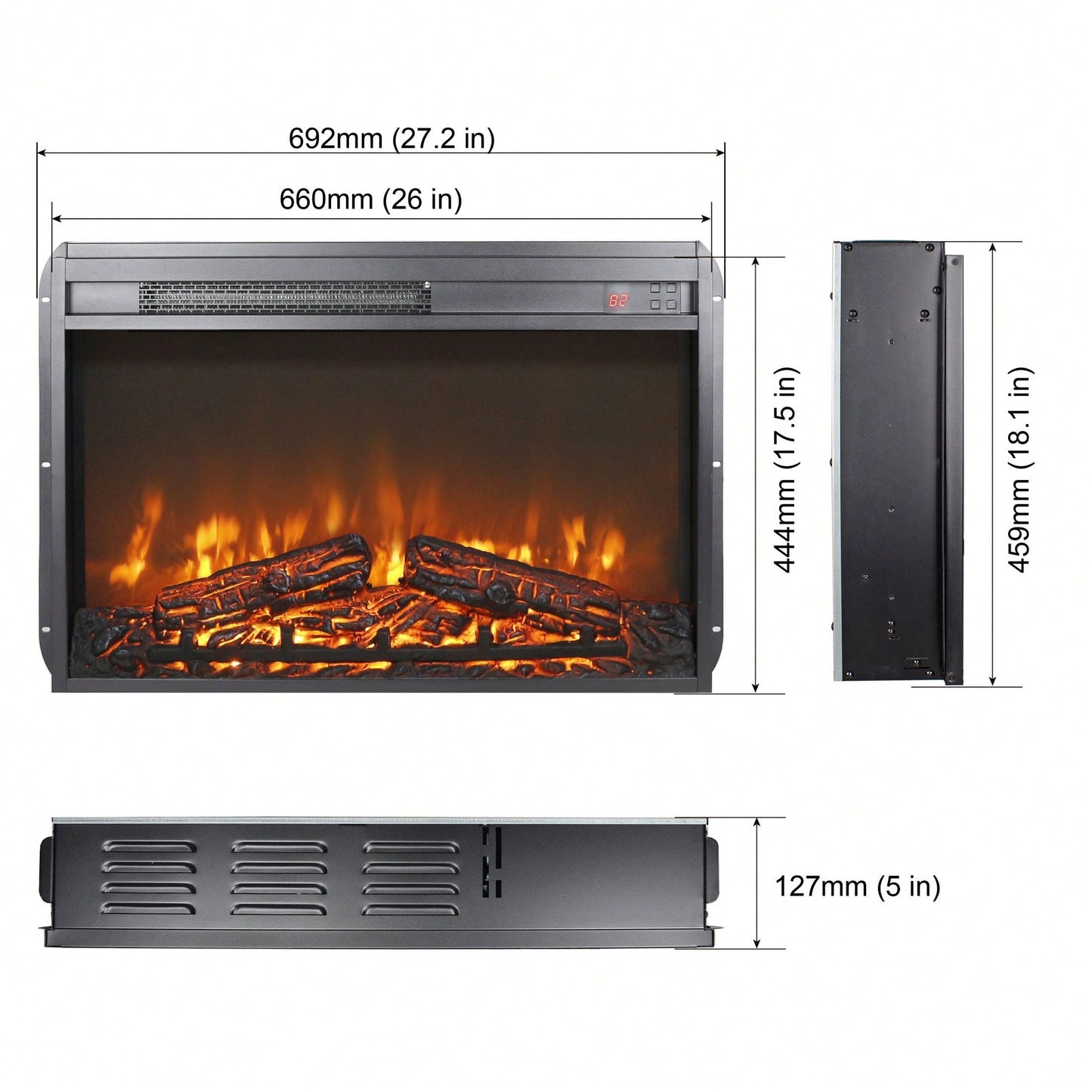 26" Electric Fireplace Insert, Ultra Thin Heater With Log Set & Realistic Flame, Remote Control With Timer, Overheating Protection