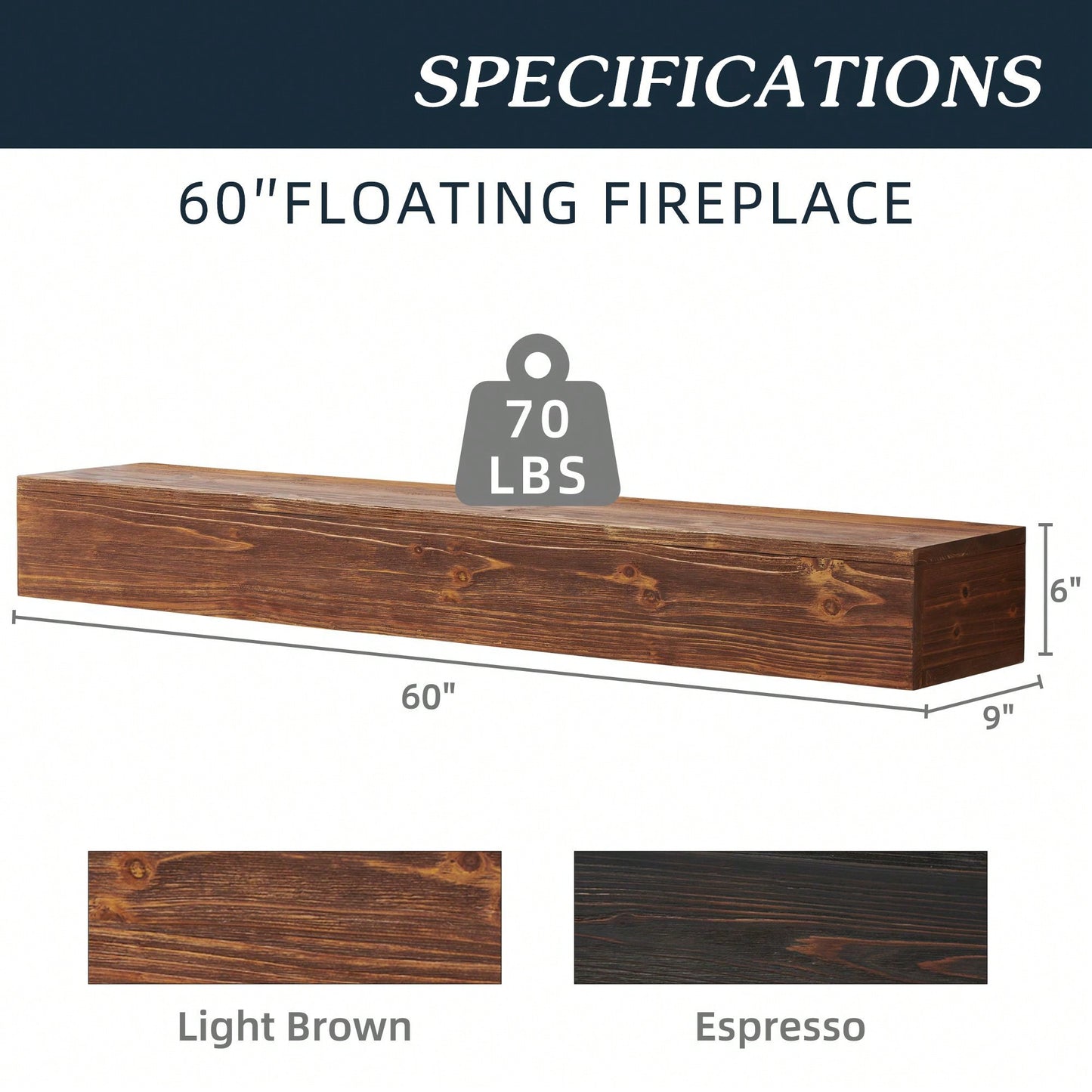 60" Rustic Wood Fireplace Mantel, Wall-Mounted & Floating Shelf For Home Decor