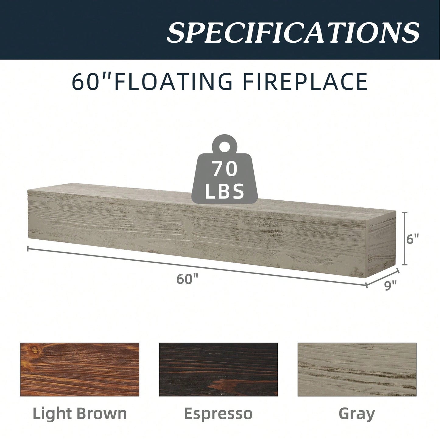 60" Rustic Wood Fireplace Mantel, Wall-Mounted & Floating Shelf For Home Decor