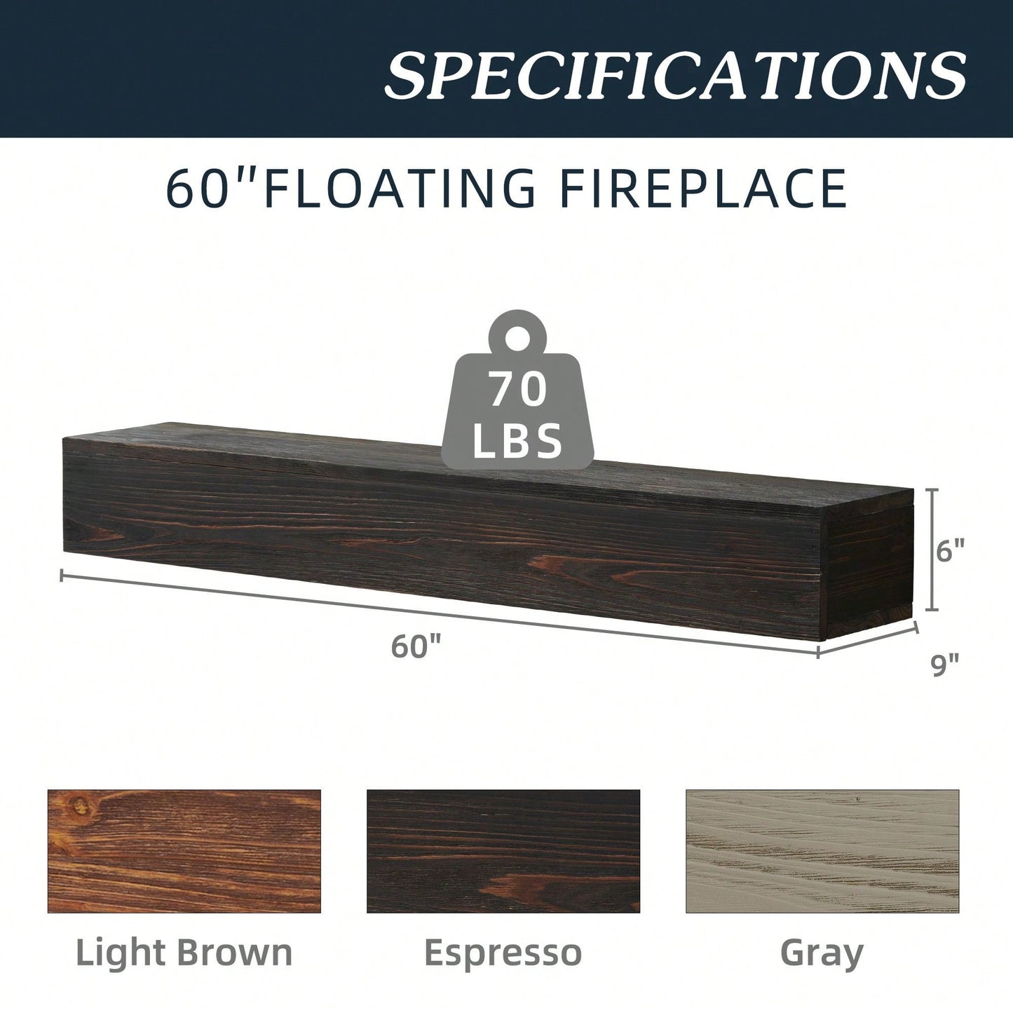 60" Rustic Wood Fireplace Mantel, Wall-Mounted & Floating Shelf For Home Decor