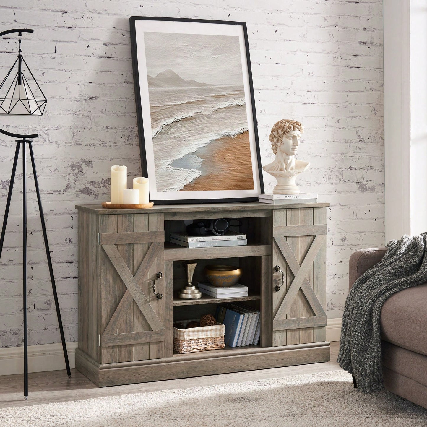 Media TV Stand Antique Entertainment Console For TV Up To 50" With Open And Closed Storage Space, Gray Wash