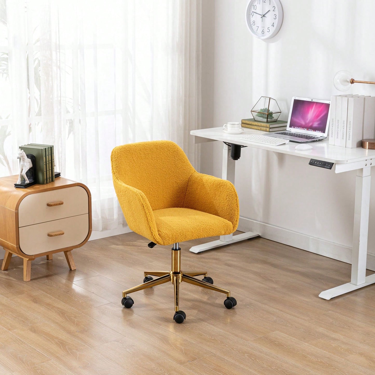 Modern Teddy Fabric Material Adjustable Height 360 Revolving Home Office Chair With Gold Metal Legs And Universal Wheel