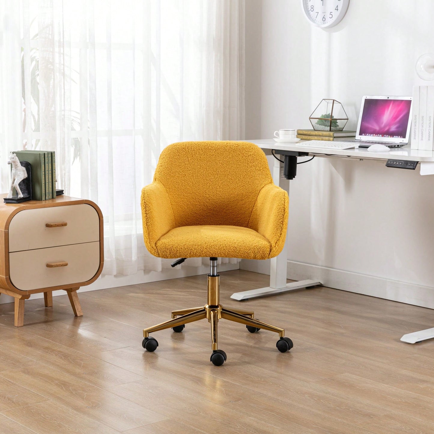 Modern Teddy Fabric Material Adjustable Height 360 Revolving Home Office Chair With Gold Metal Legs And Universal Wheel