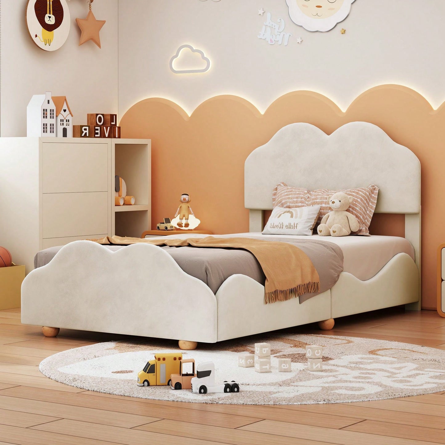 Twin Size Upholstered Platform Bed With Cloud Shaped Bed Board