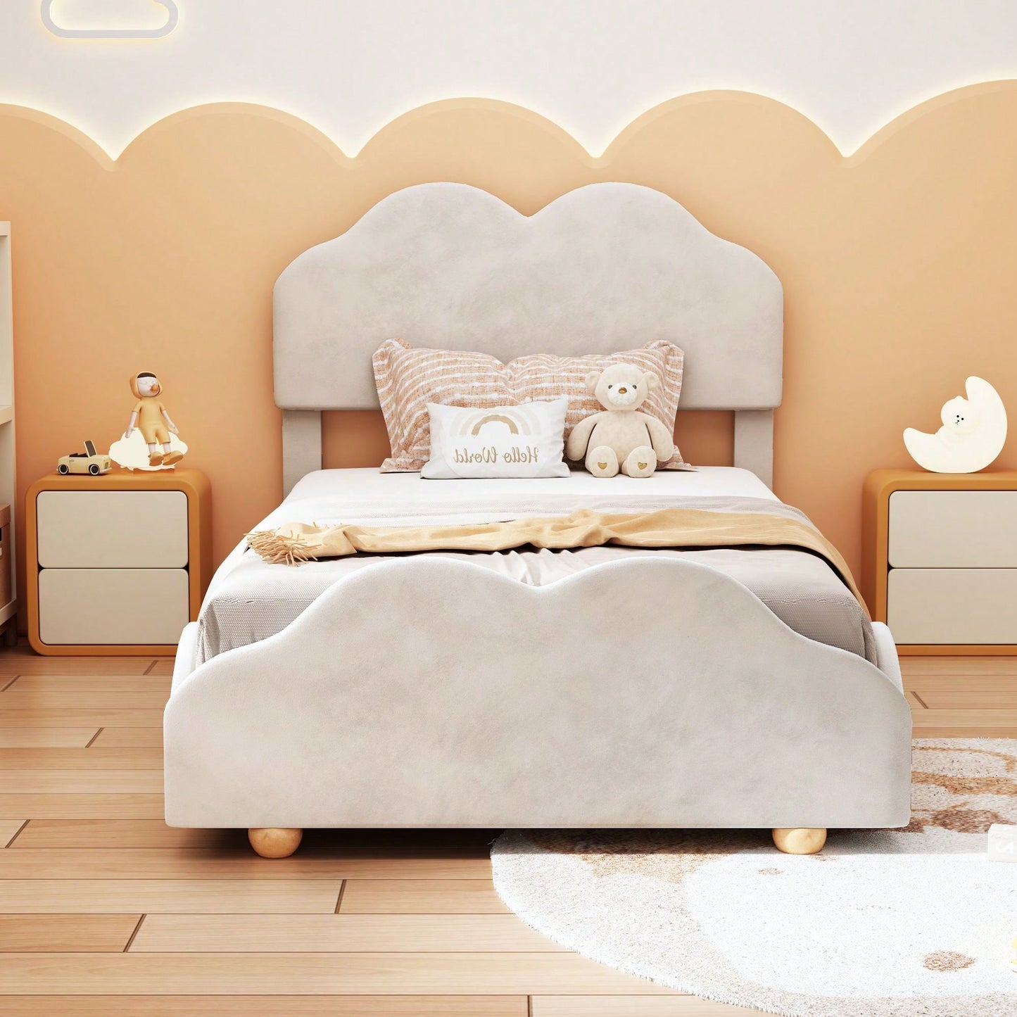 Twin Size Upholstered Platform Bed With Cloud Shaped Bed Board
