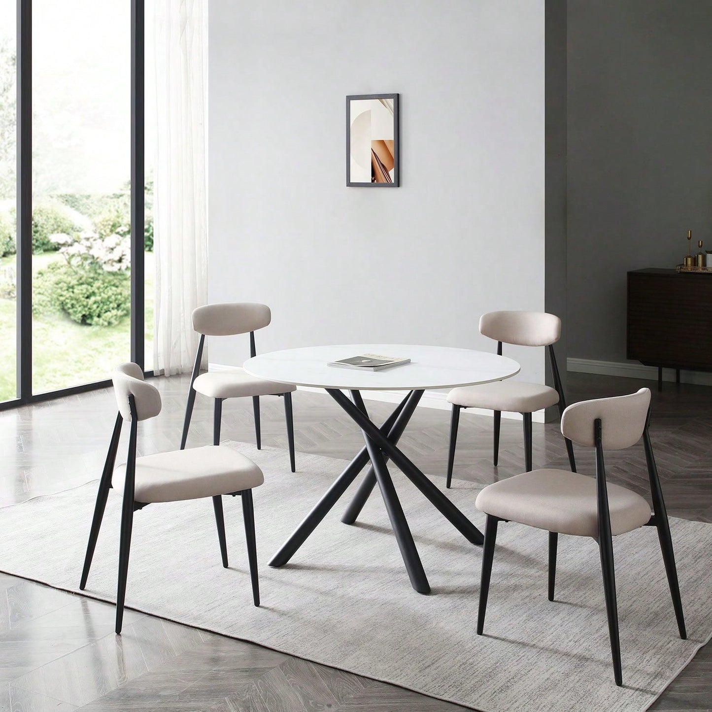 Modern Dining Chairs Set Of 2, Curved Backrest Round Upholstered And Metal Frame