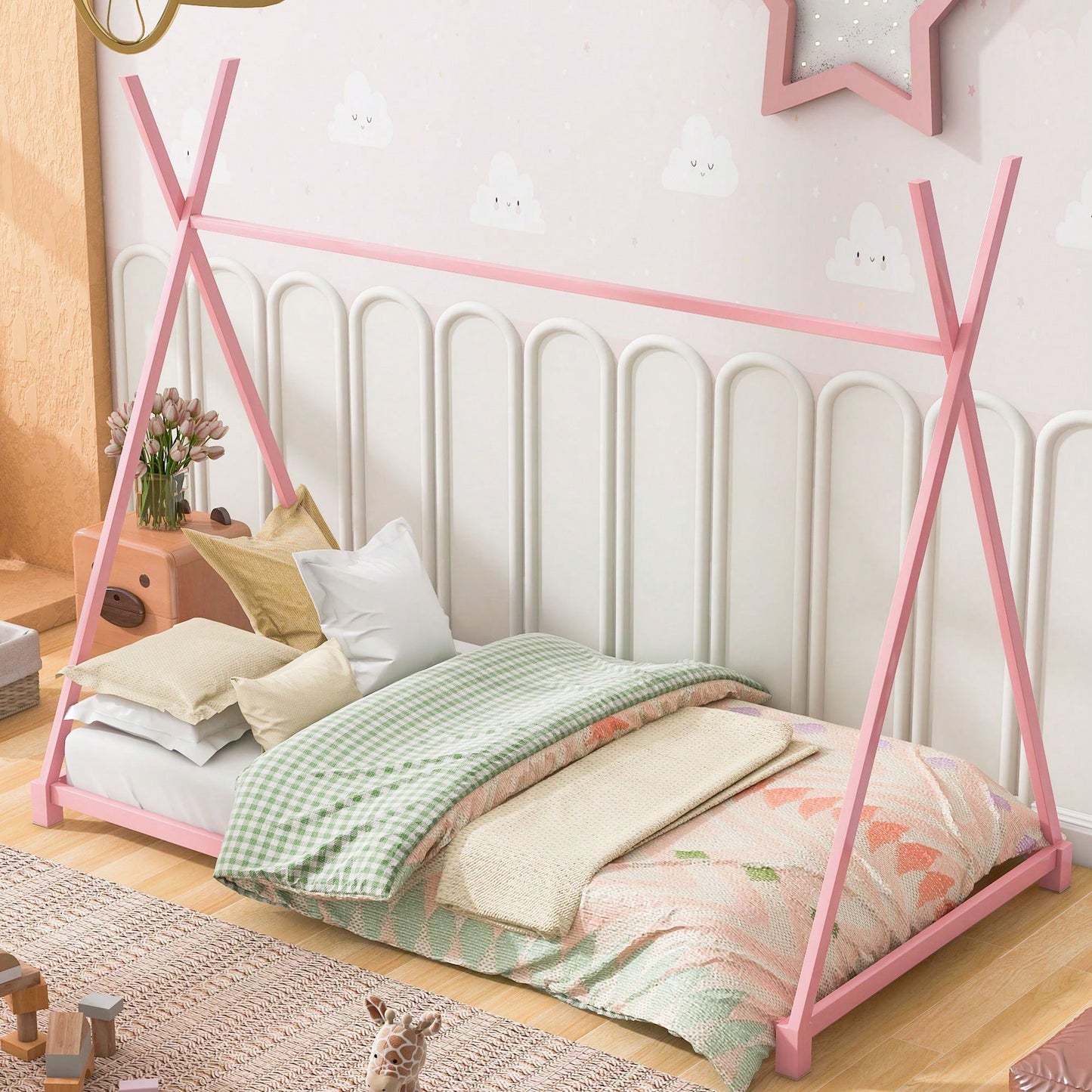 Twin Size House Platform Bed With Triangle Structure
