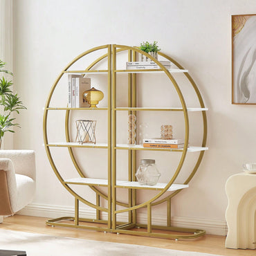 Four Tiers Home Office Open Bookshelf, Round Shape, Different Placement Ways, MDF Board, Gold Metal Frame