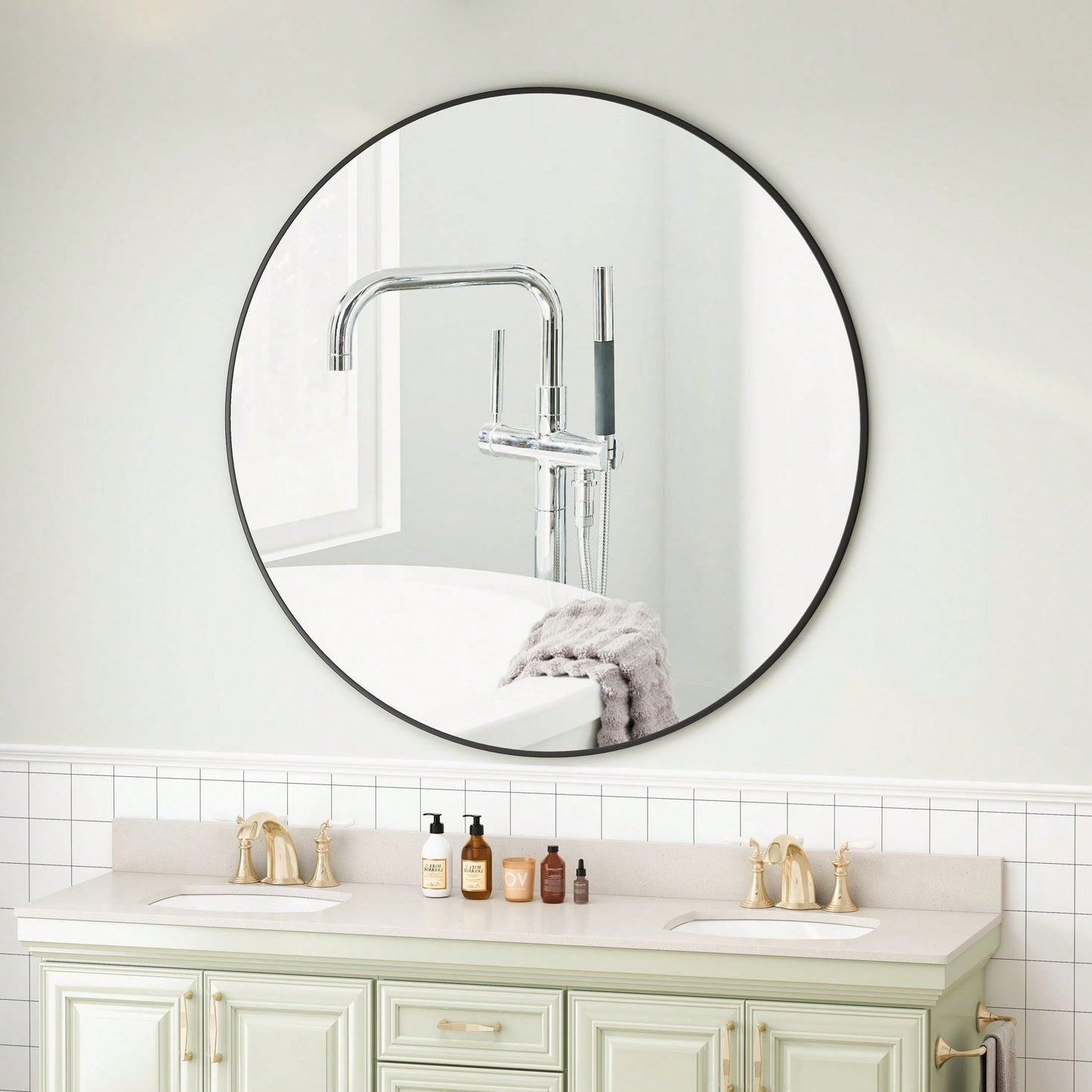42" Wall Mounted Black Circular Mirror Metal Framed Mirror