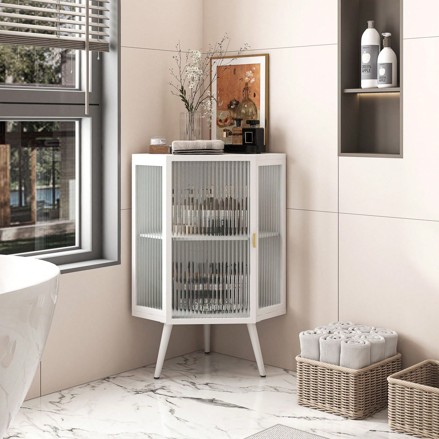 22.25" Floor Coner Cabinet With Tempered Glass Door & Storage Shelves For Bathroom, Living Room, Bedroom