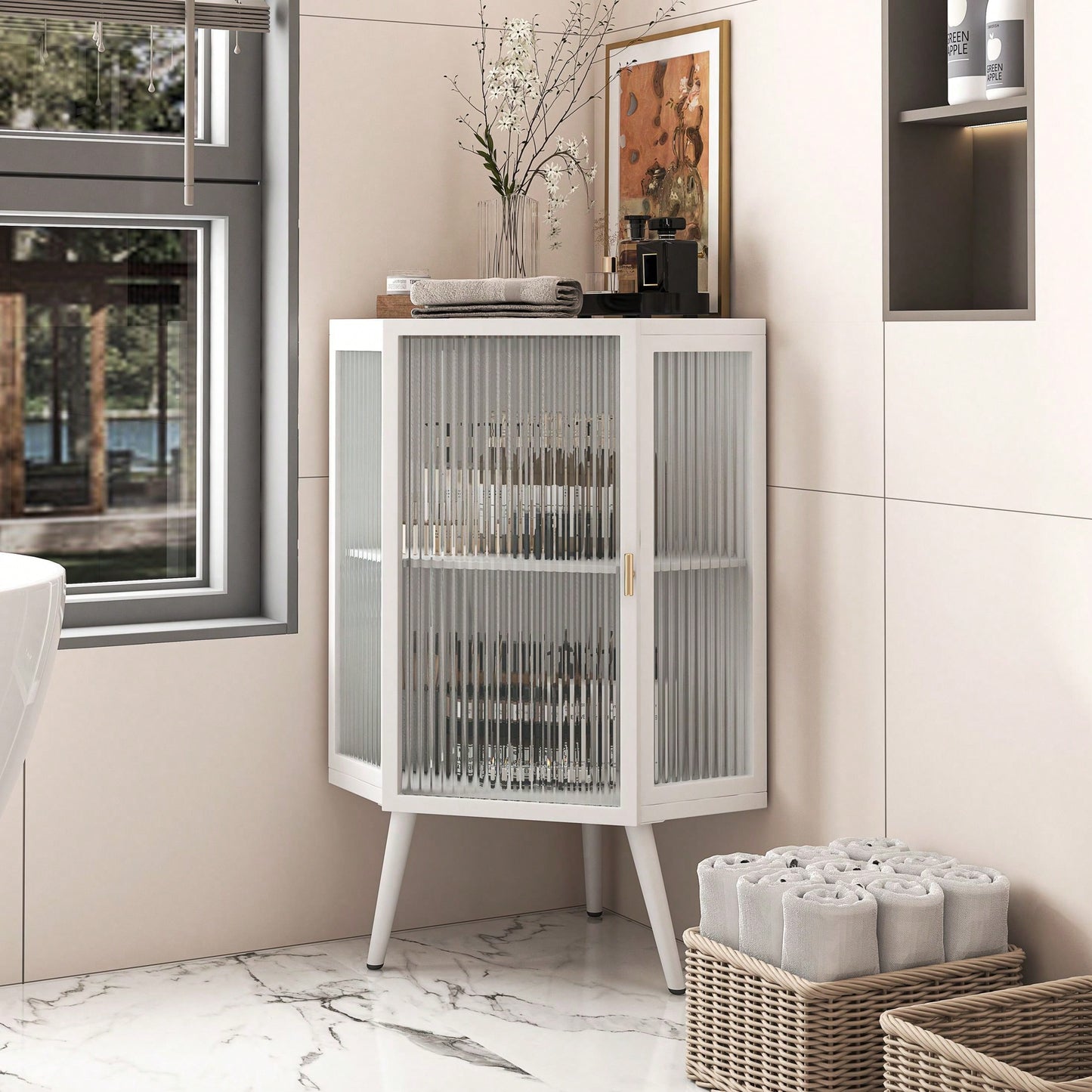22.25" Floor Coner Cabinet With Tempered Glass Door & Storage Shelves For Bathroom, Living Room, Bedroom