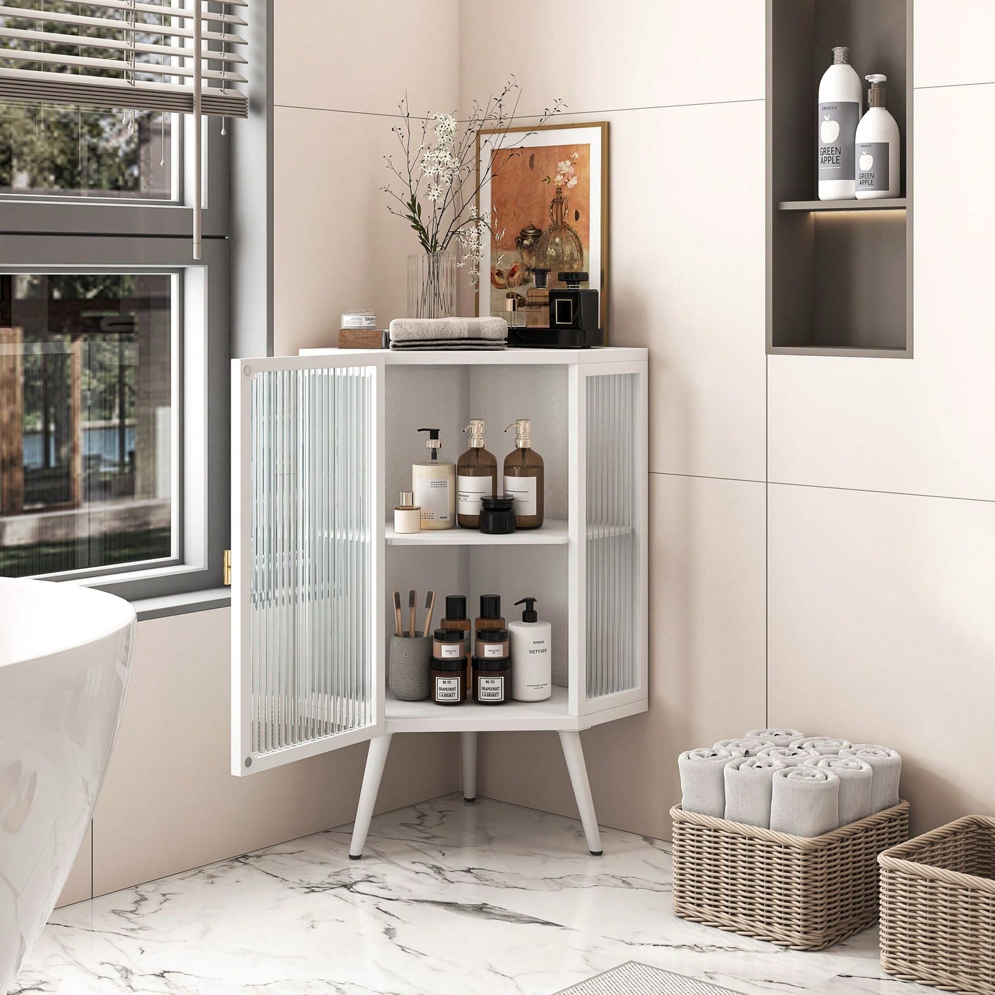 22.25" Floor Coner Cabinet With Tempered Glass Door & Storage Shelves For Bathroom, Living Room, Bedroom