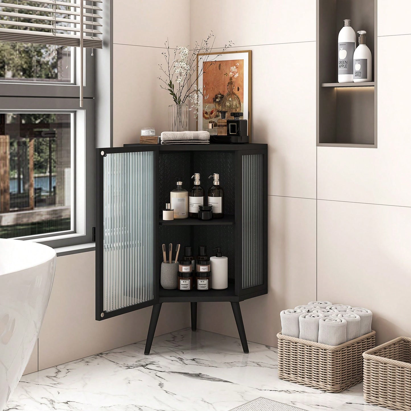 22.25" Floor Coner Cabinet With Tempered Glass Door & Storage Shelves For Bathroom, Living Room, Bedroom
