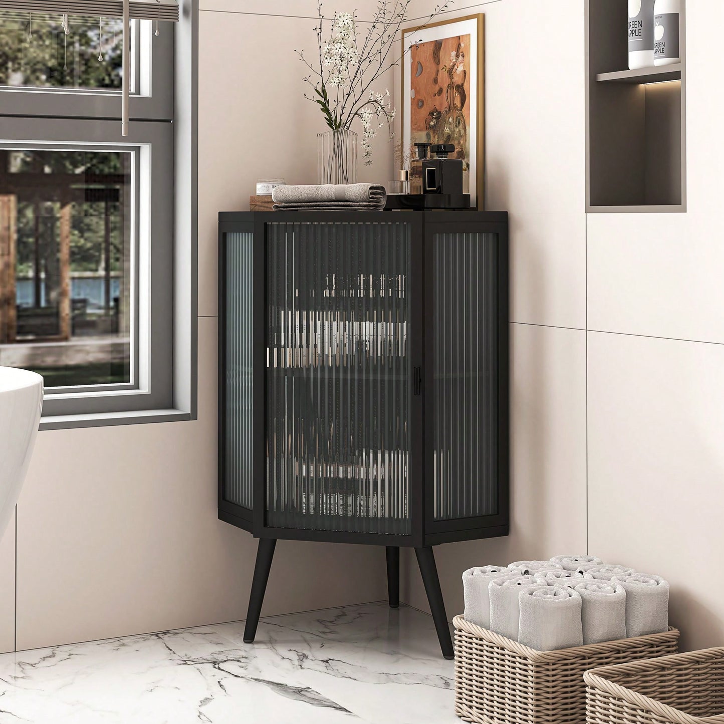 22.25" Floor Coner Cabinet With Tempered Glass Door & Storage Shelves For Bathroom, Living Room, Bedroom