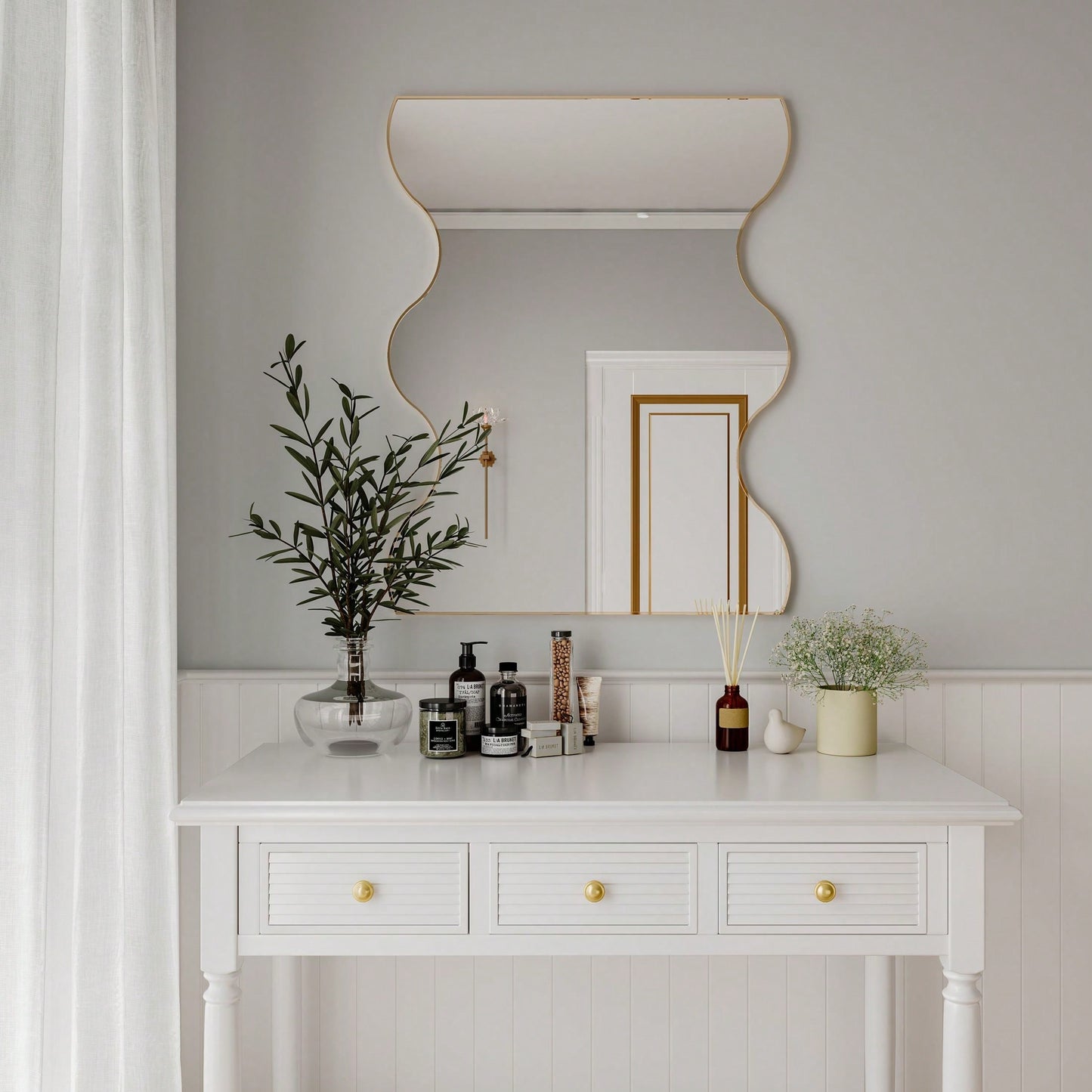30x35 Inch Wall Mounted Rectangular Mirror Metal Framed Mirror With 2 Wavy Sides