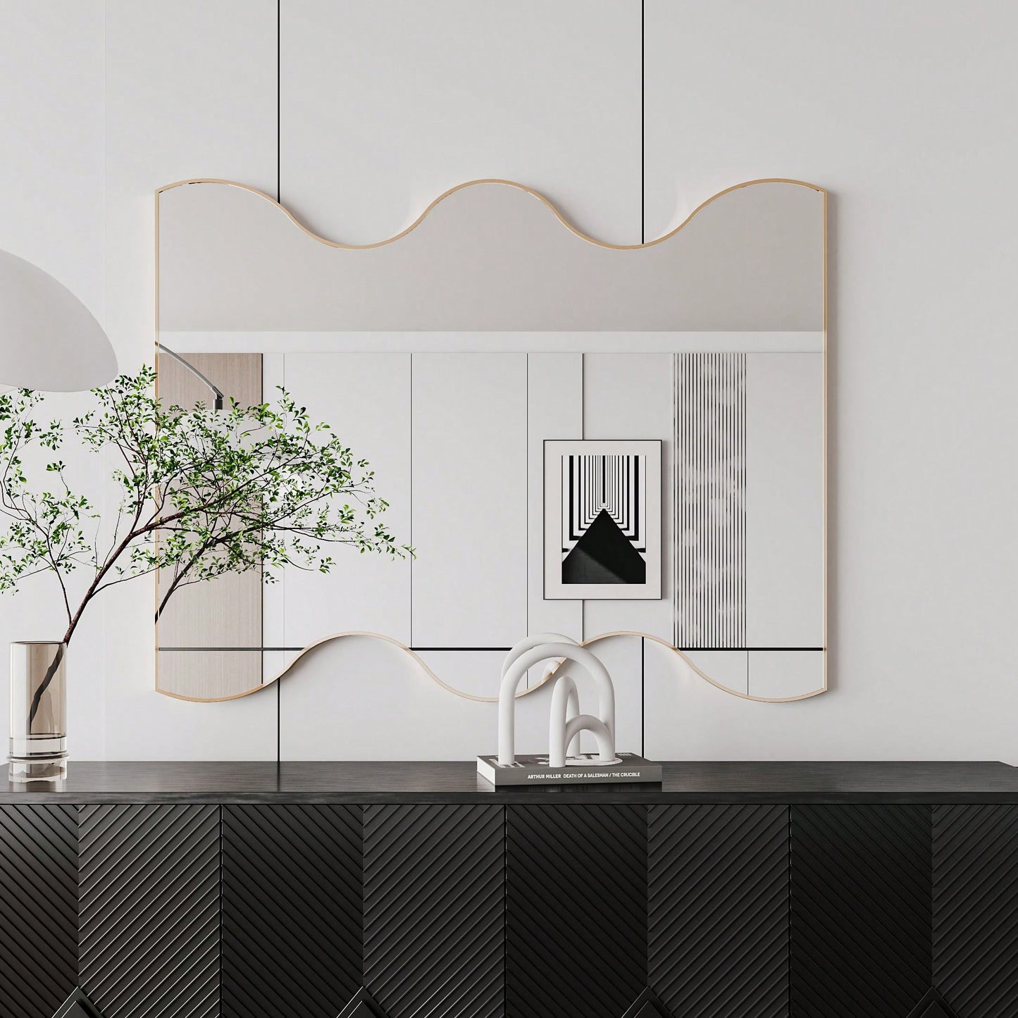 30x35 Inch Wall Mounted Rectangular Mirror Metal Framed Mirror With 2 Wavy Sides