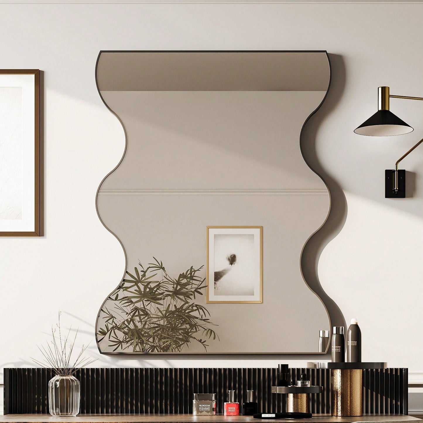 30x35 Inch Wall Mounted Rectangular Mirror Metal Framed Mirror With 2 Wavy Sides