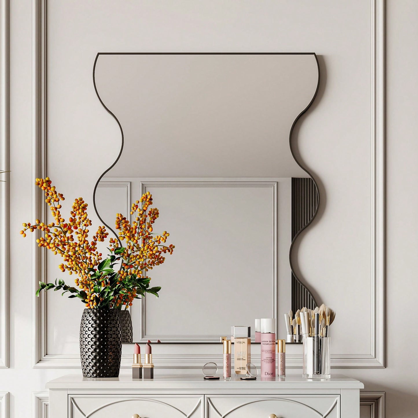 30x35 Inch Wall Mounted Rectangular Mirror Metal Framed Mirror With 2 Wavy Sides
