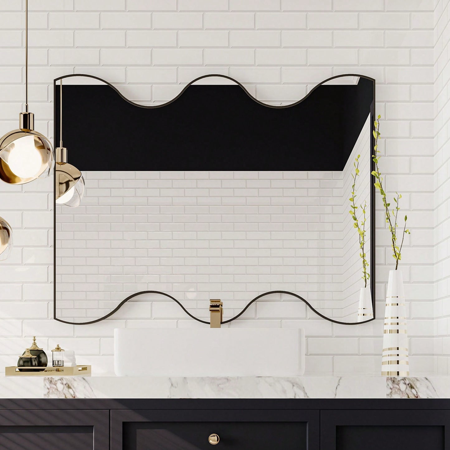 30x35 Inch Wall Mounted Rectangular Mirror Metal Framed Mirror With 2 Wavy Sides