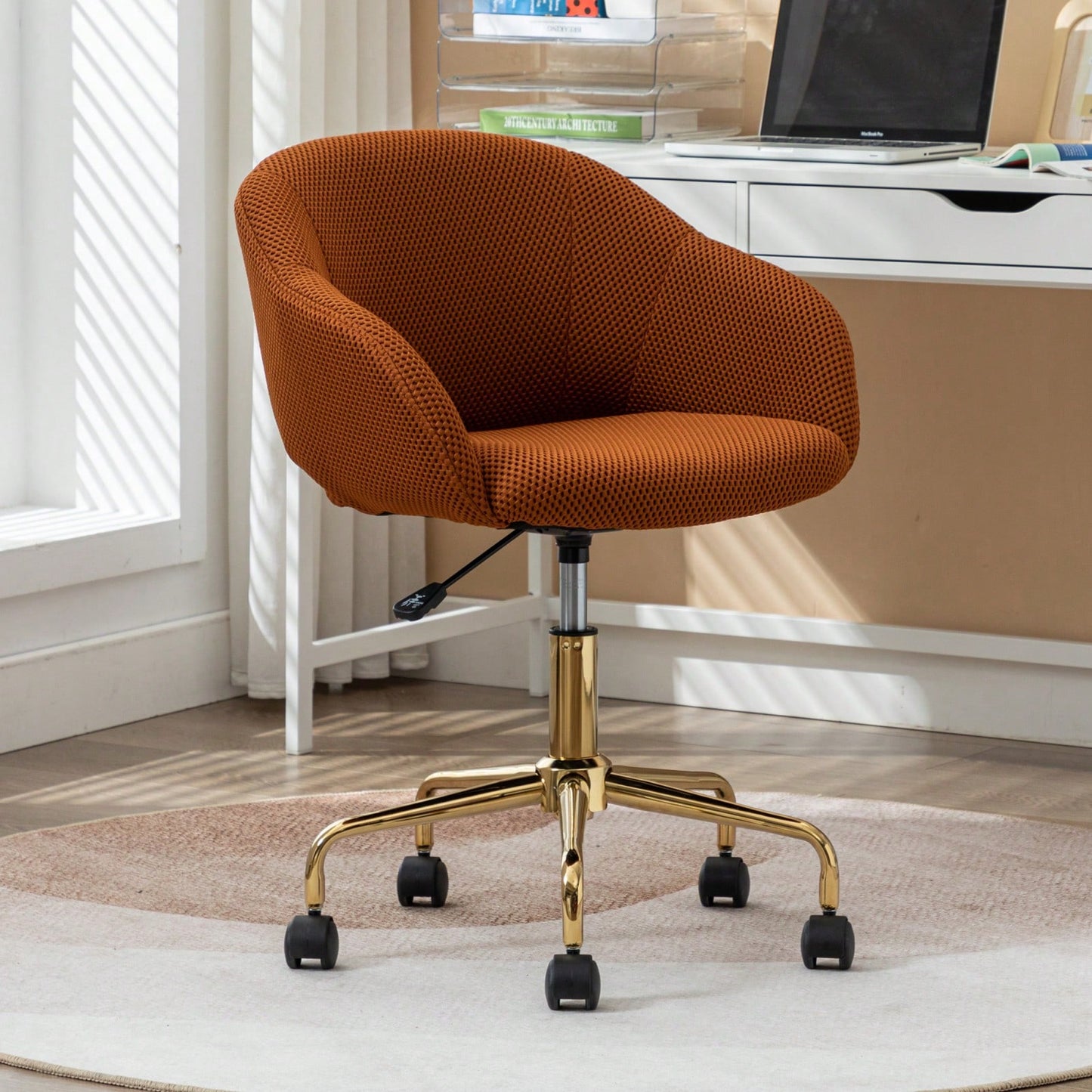 Adjustable Height Mesh Fabric Swivel Chair with Gold Base Soft Foam Seat 360° Rolling Wheels for Home Office and Bedroom