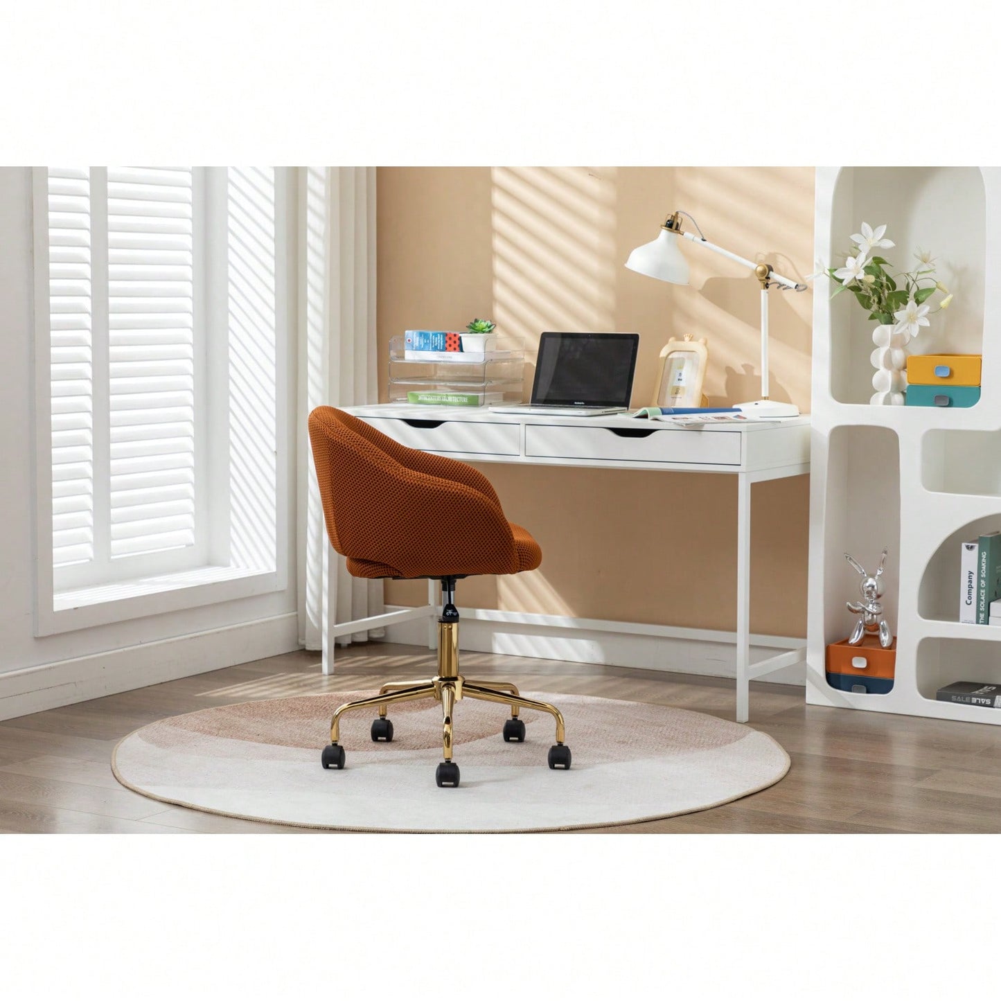 Adjustable Height Mesh Fabric Swivel Chair with Gold Base Soft Foam Seat 360° Rolling Wheels for Home Office and Bedroom