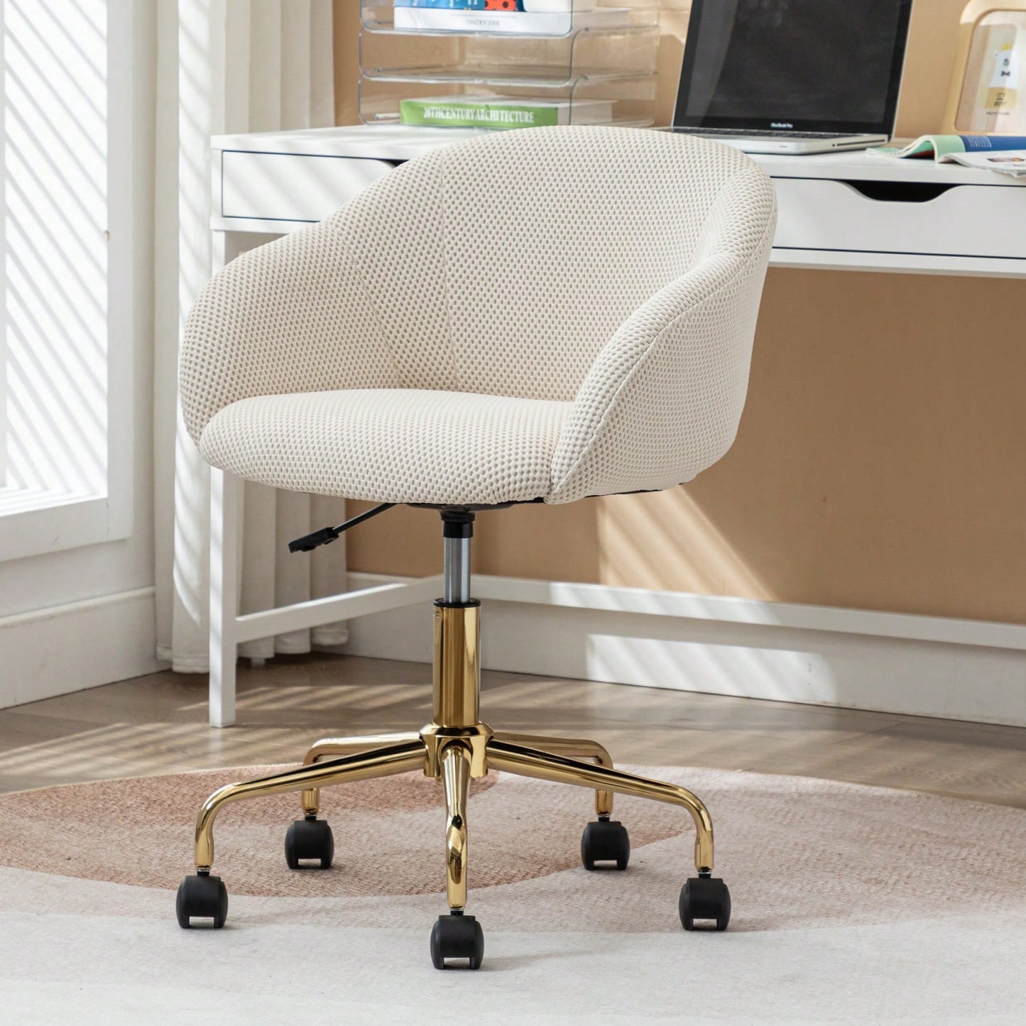 Adjustable Height Mesh Fabric Swivel Chair with Gold Base Soft Foam Seat 360° Rolling Wheels for Home Office and Bedroom