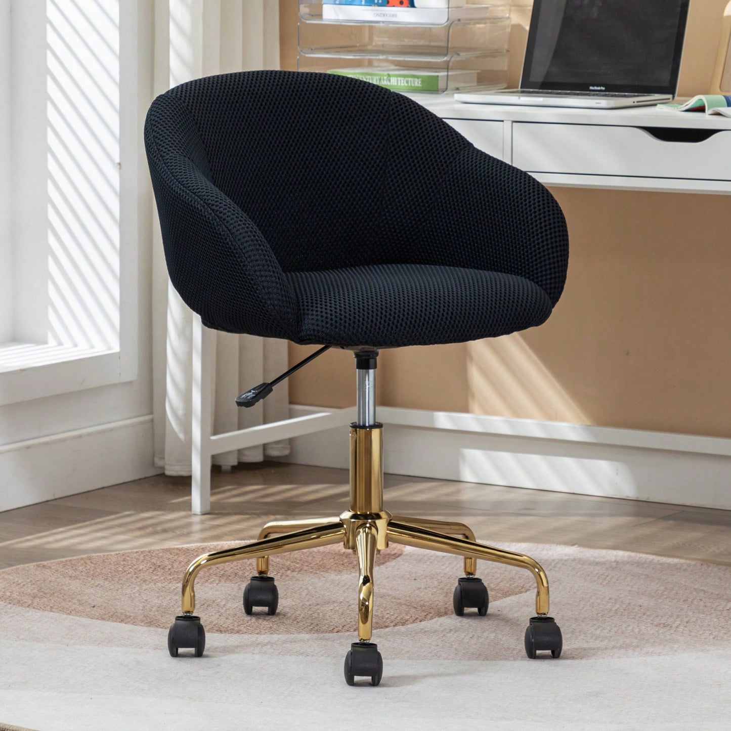 Adjustable Height Mesh Fabric Swivel Chair with Gold Base Soft Foam Seat 360° Rolling Wheels for Home Office and Bedroom
