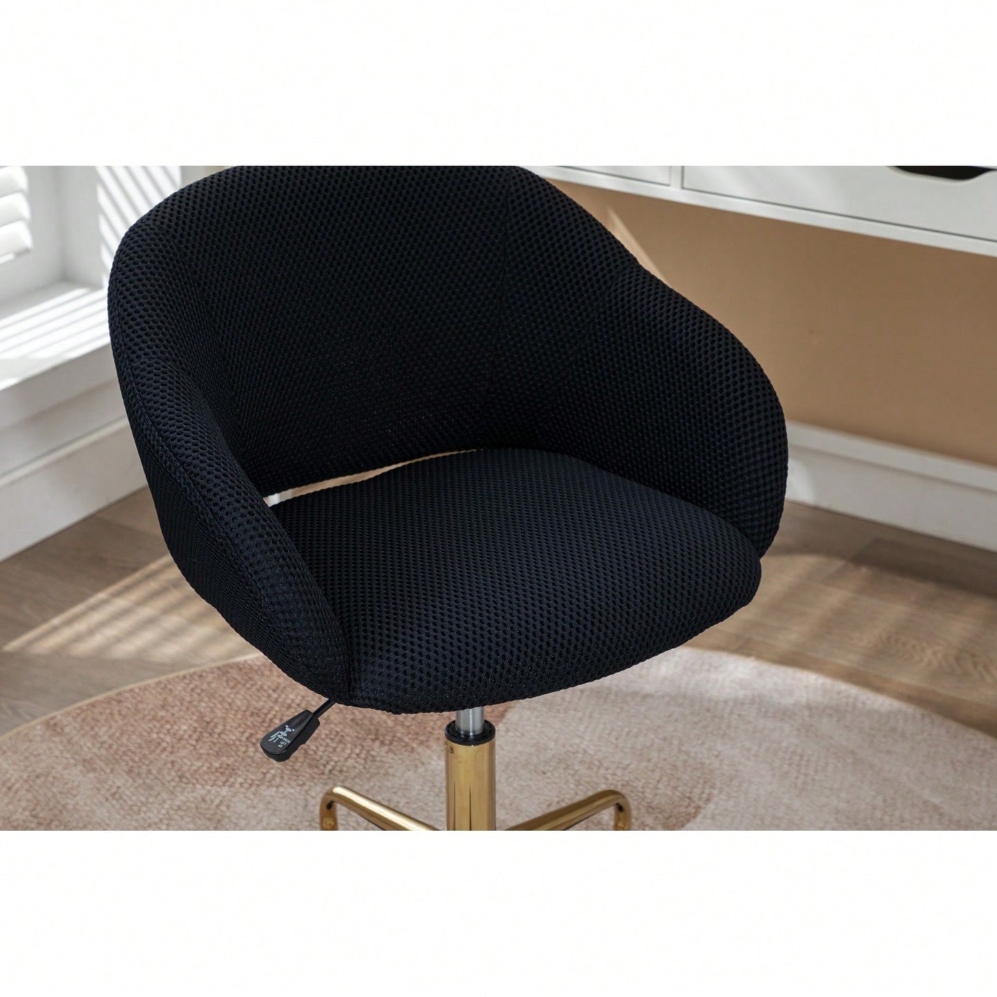 Adjustable Height Mesh Fabric Swivel Chair with Gold Base Soft Foam Seat 360° Rolling Wheels for Home Office and Bedroom