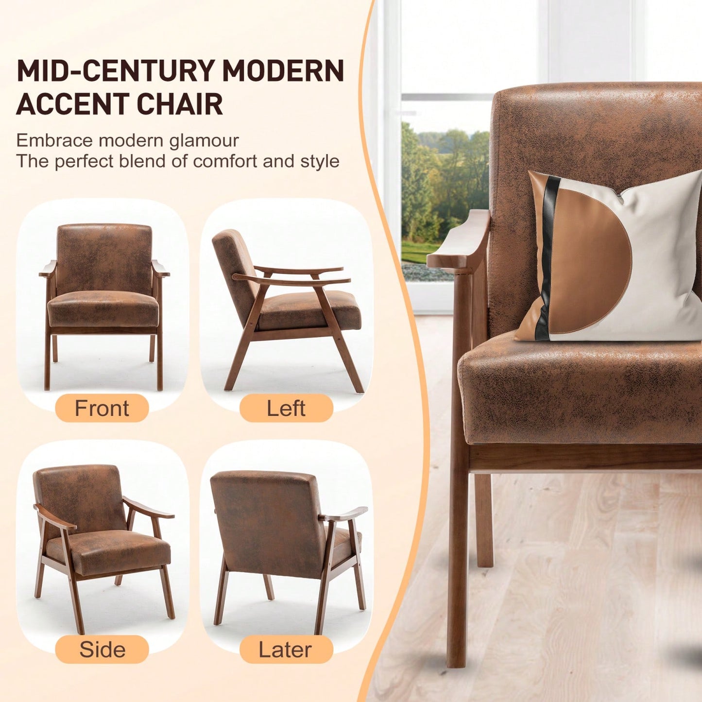 Mid-Century Modern Wingback Chair with Solid Wood Frame and Plush Cushions for Bedroom and Lounge - 300 Lbs Capacity
