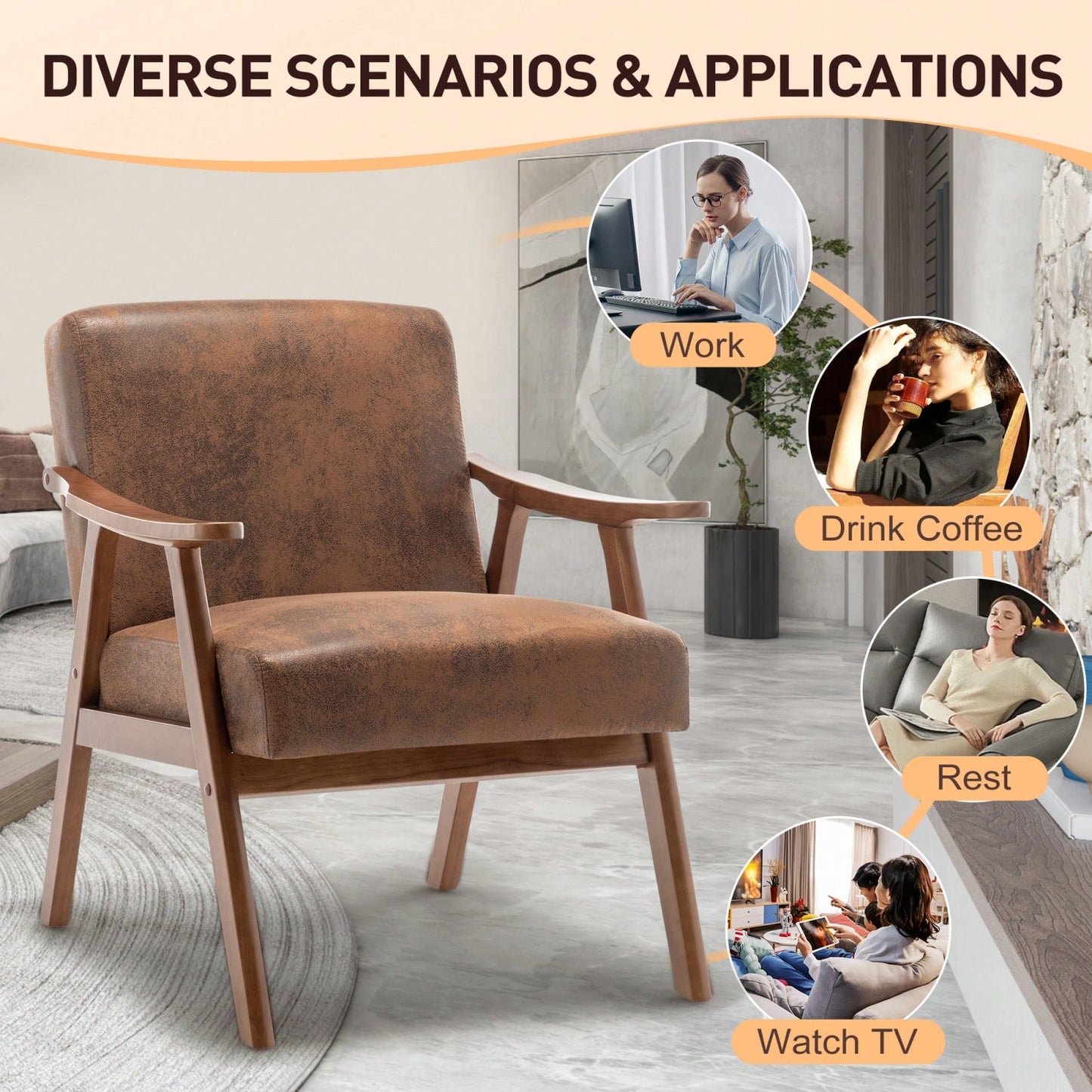 Mid-Century Modern Wingback Chair with Solid Wood Frame and Plush Cushions for Bedroom and Lounge - 300 Lbs Capacity