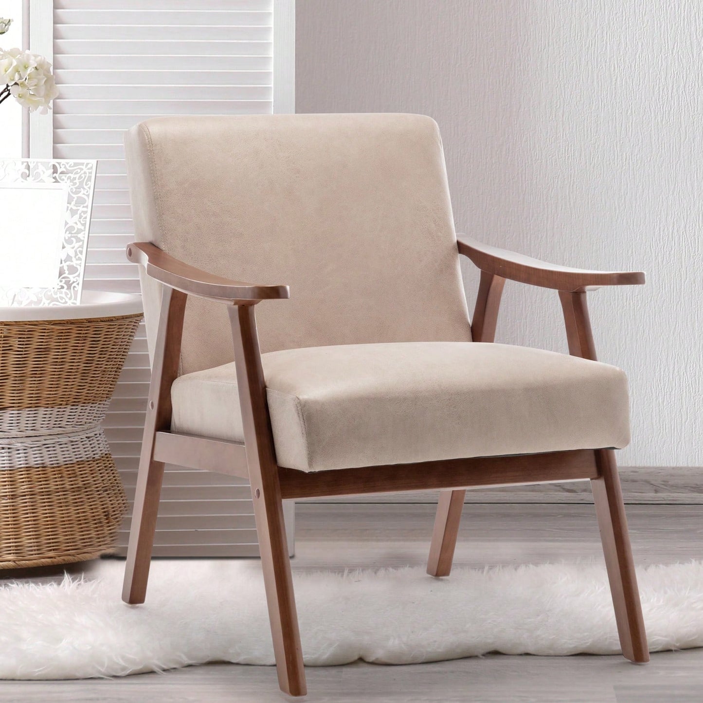 Mid-Century Modern Wingback Chair with Solid Wood Frame and Plush Cushions for Bedroom and Lounge - 300 Lbs Capacity