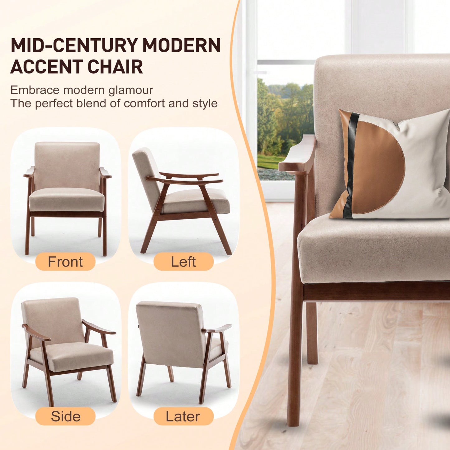 Mid-Century Modern Wingback Chair with Solid Wood Frame and Plush Cushions for Bedroom and Lounge - 300 Lbs Capacity