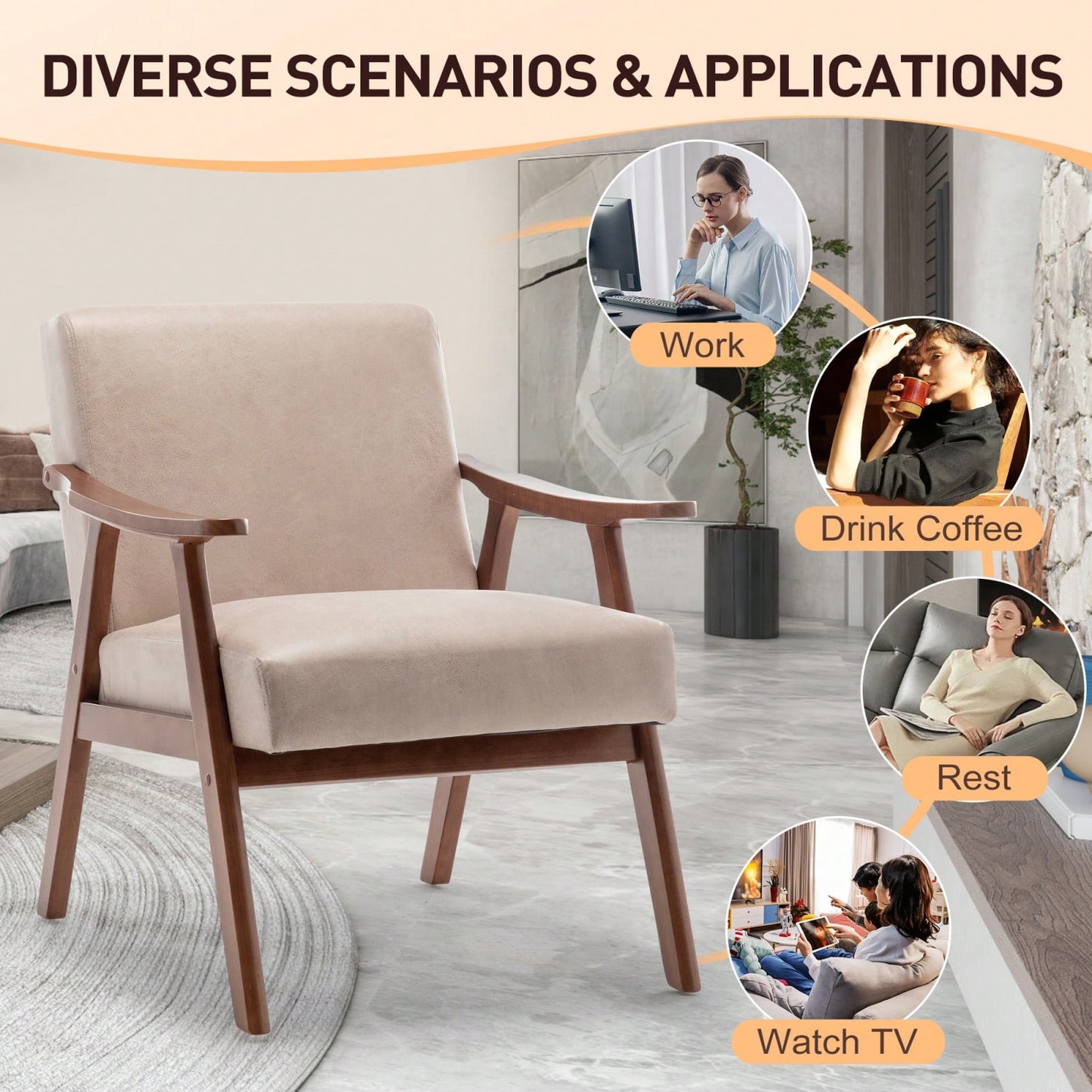Mid-Century Modern Wingback Chair with Solid Wood Frame and Plush Cushions for Bedroom and Lounge - 300 Lbs Capacity