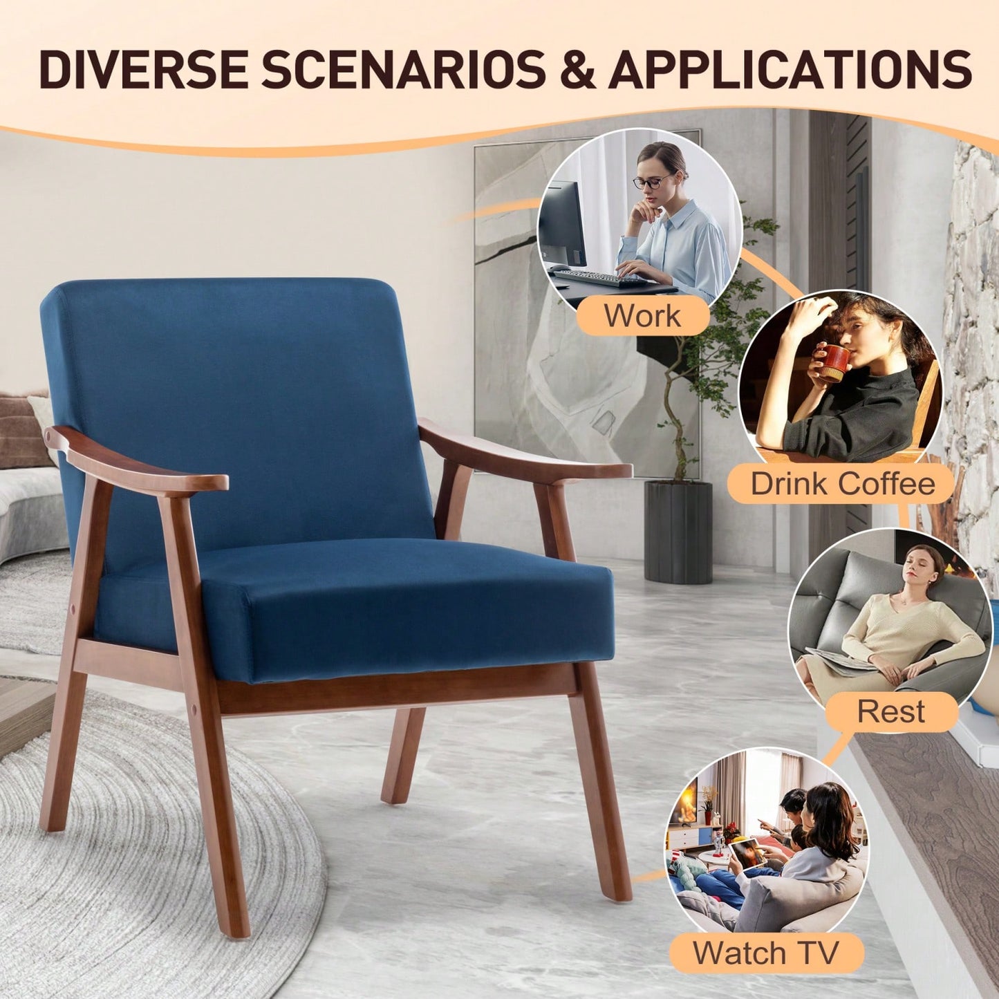Mid-Century Modern Wingback Chair with Solid Wood Frame and Plush Cushions for Bedroom and Lounge - 300 Lbs Capacity