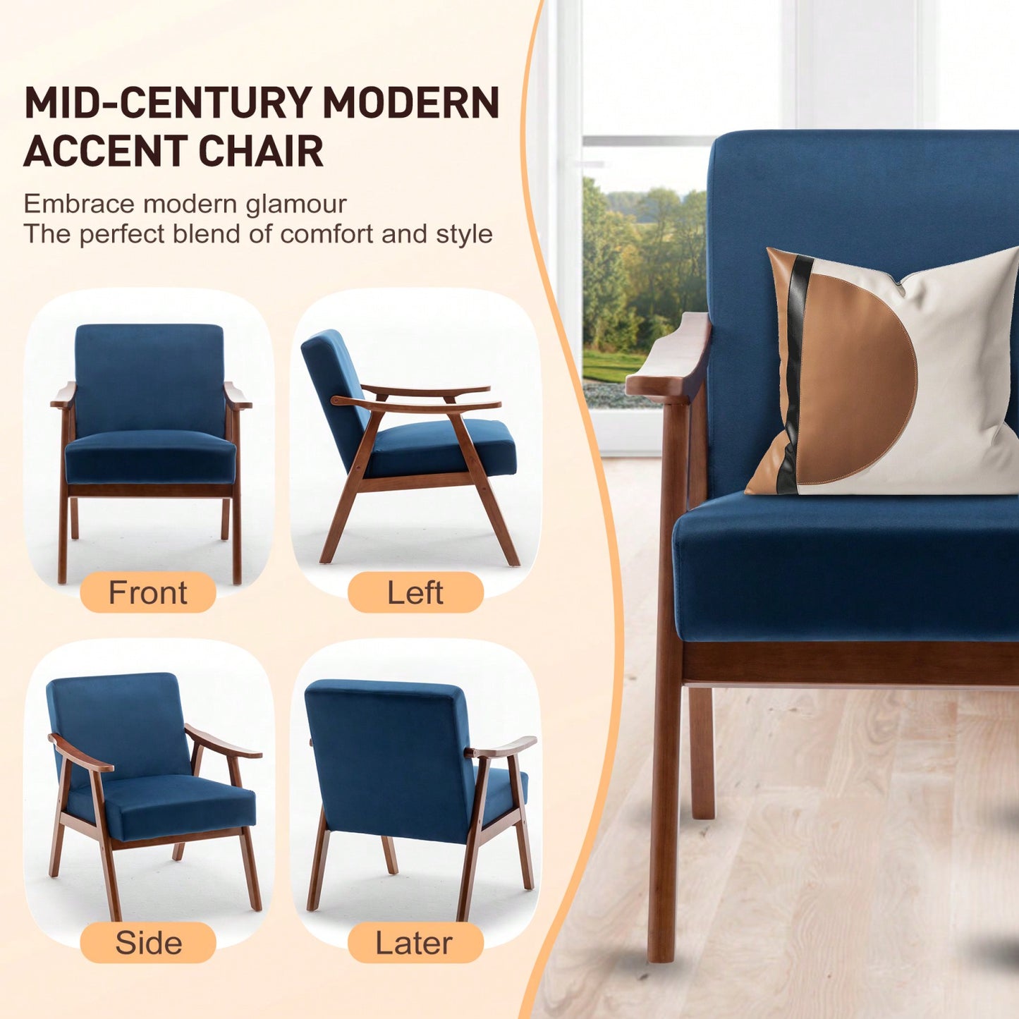 Mid-Century Modern Wingback Chair with Solid Wood Frame and Plush Cushions for Bedroom and Lounge - 300 Lbs Capacity