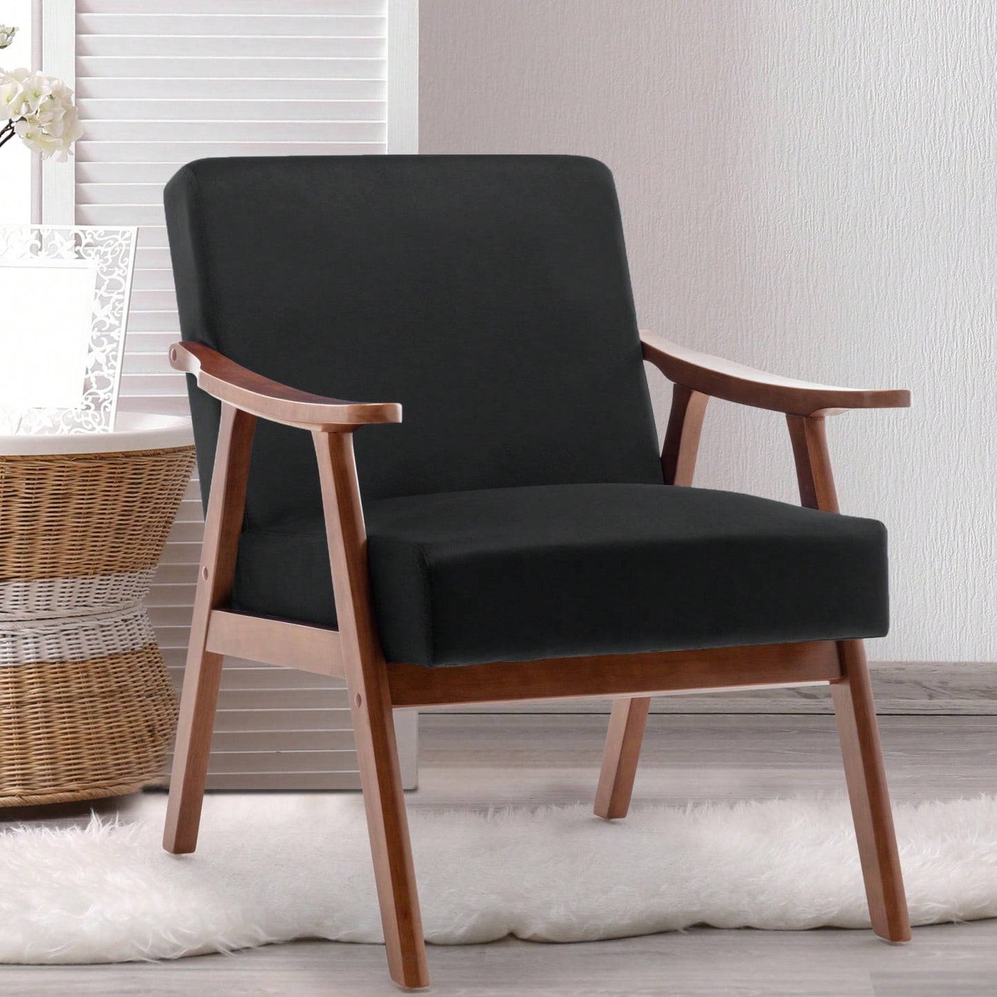 Mid-Century Modern Wingback Chair with Solid Wood Frame and Plush Cushions for Bedroom and Lounge - 300 Lbs Capacity