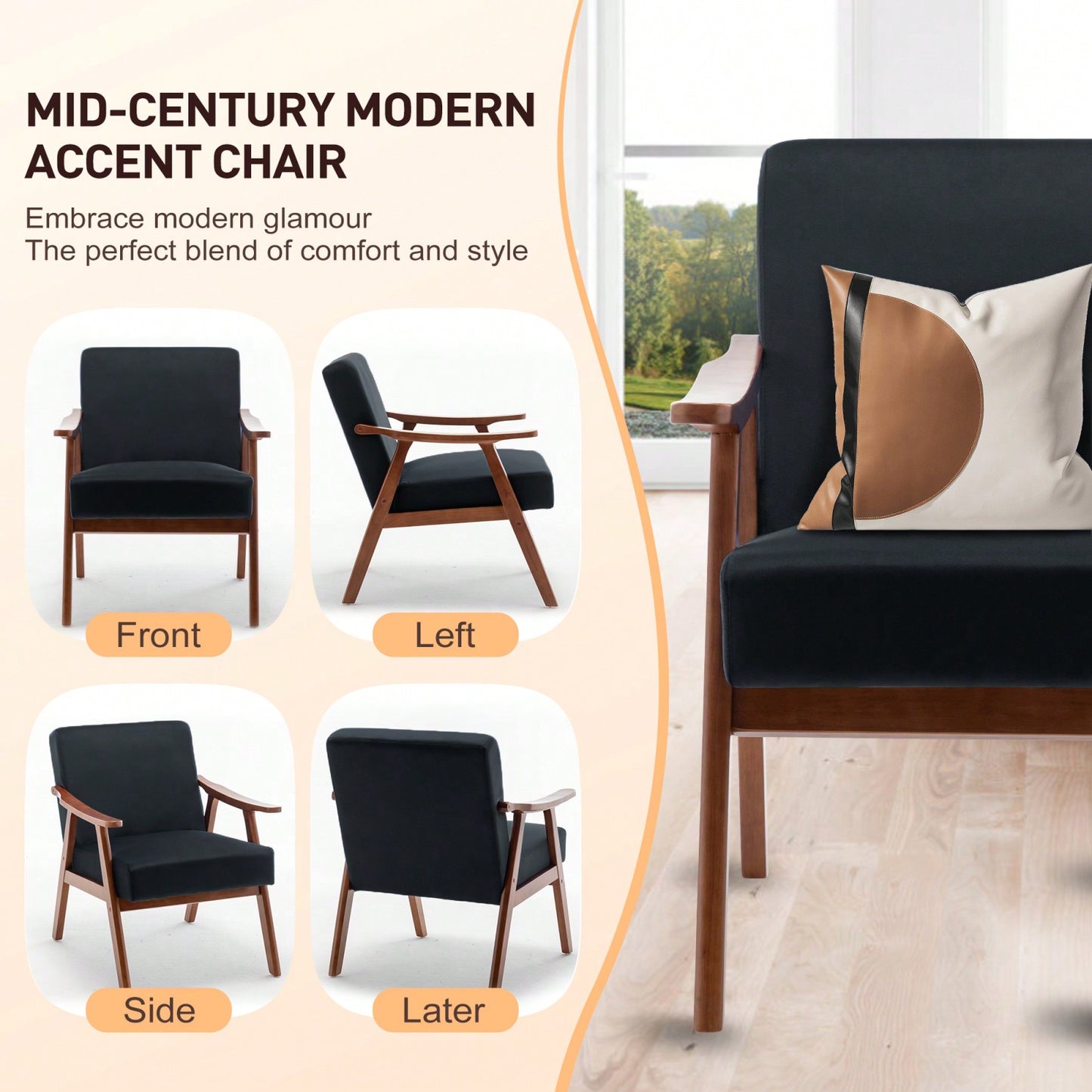 Mid-Century Modern Wingback Chair with Solid Wood Frame and Plush Cushions for Bedroom and Lounge - 300 Lbs Capacity
