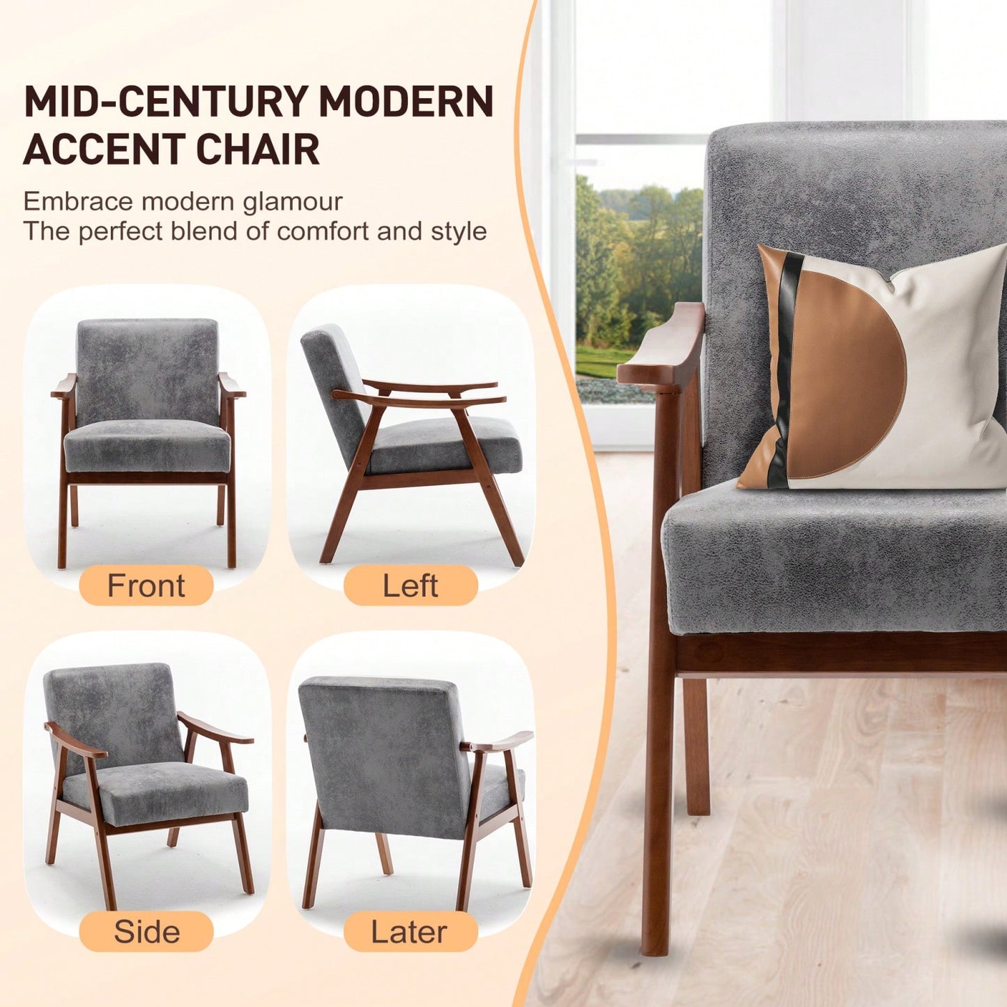 Mid-Century Modern Wingback Chair with Solid Wood Frame and Plush Cushions for Bedroom and Lounge - 300 Lbs Capacity