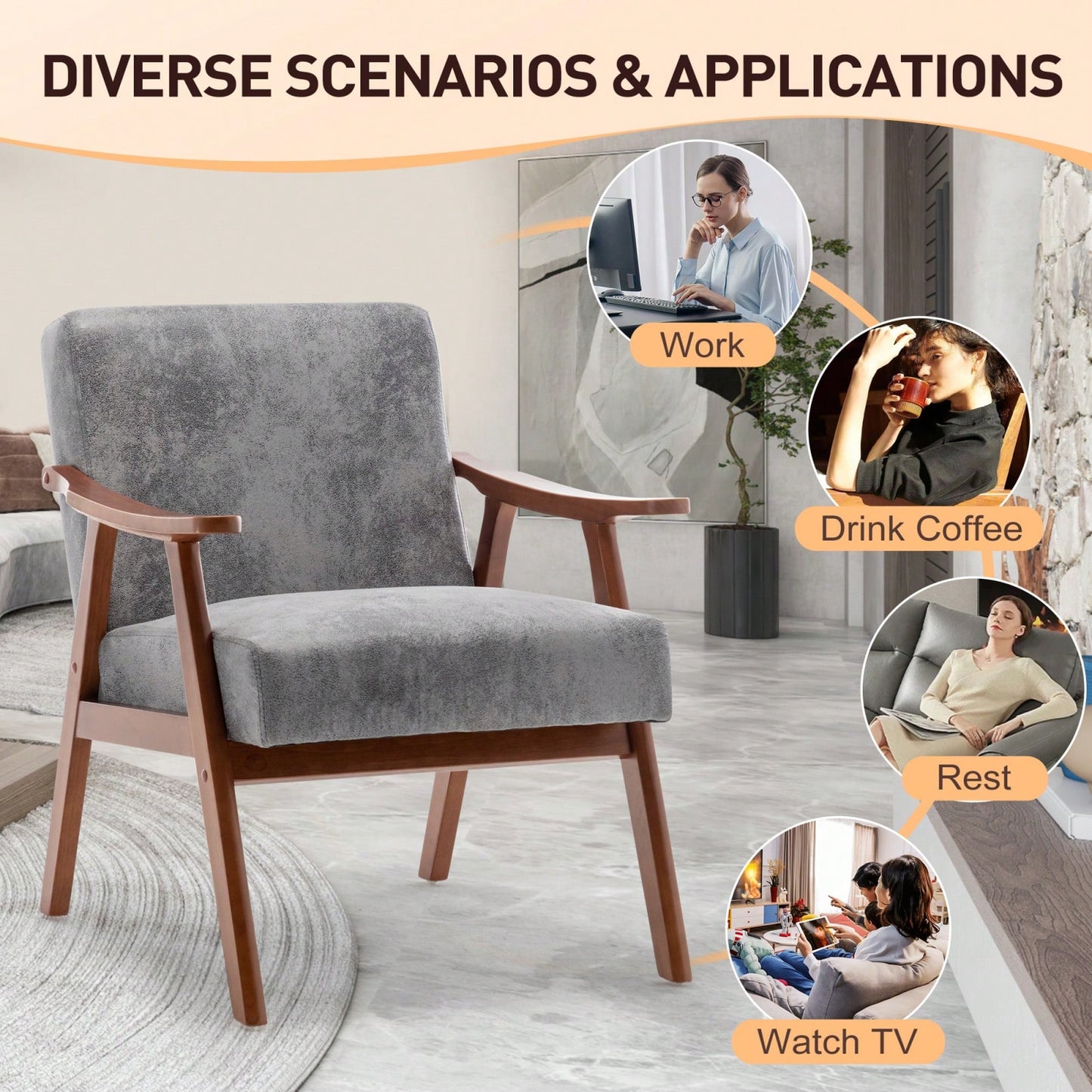 Mid-Century Modern Wingback Chair with Solid Wood Frame and Plush Cushions for Bedroom and Lounge - 300 Lbs Capacity