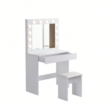 Elegant Lighted Vanity Table with Drawer and Upholstered Stool 12 Adjustable Bulbs Space Saving Design for Makeup Bedroom Living Room
