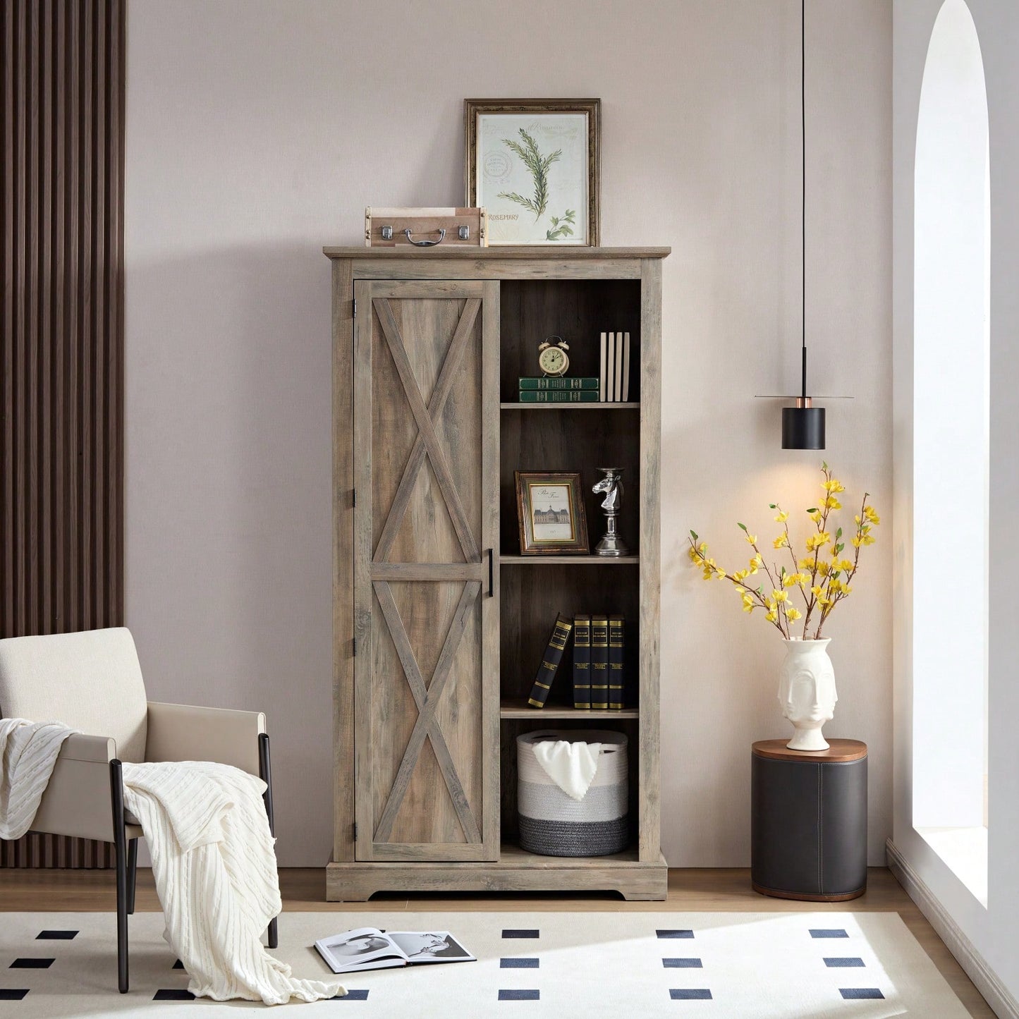 Rustic Barn Door Tall Storage Cabinet with Shelves and Drawers Gray Wash Multi-Purpose Kitchen Organizer 39.37x15.75x74.4