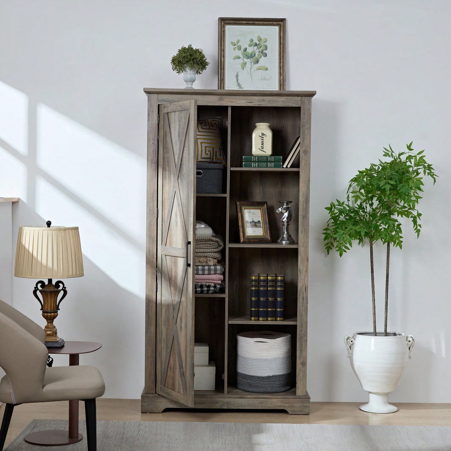 Rustic Barn Door Tall Storage Cabinet with Shelves and Drawers Gray Wash Multi-Purpose Kitchen Organizer 39.37x15.75x74.4