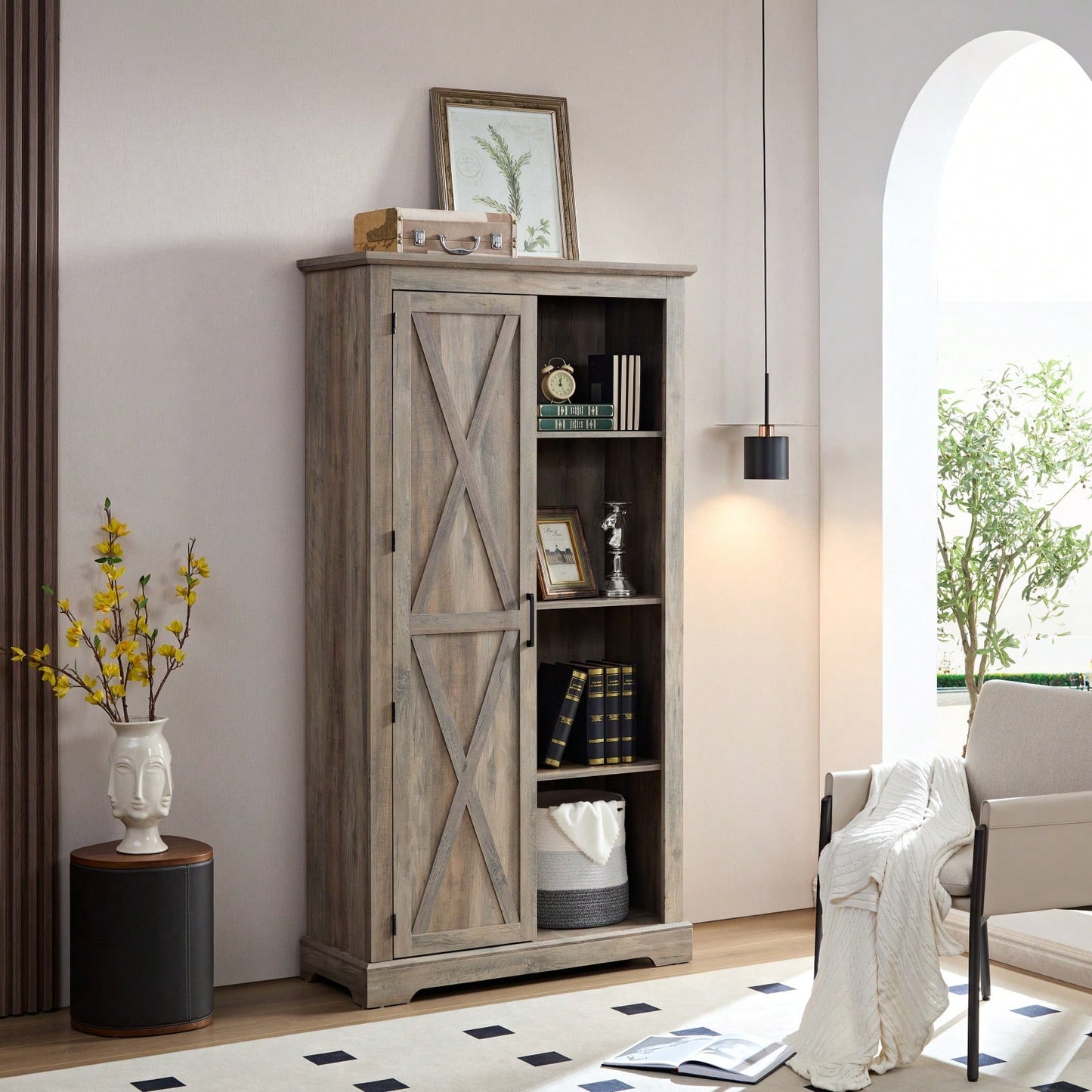 Rustic Barn Door Tall Storage Cabinet with Shelves and Drawers Gray Wash Multi-Purpose Kitchen Organizer 39.37x15.75x74.4
